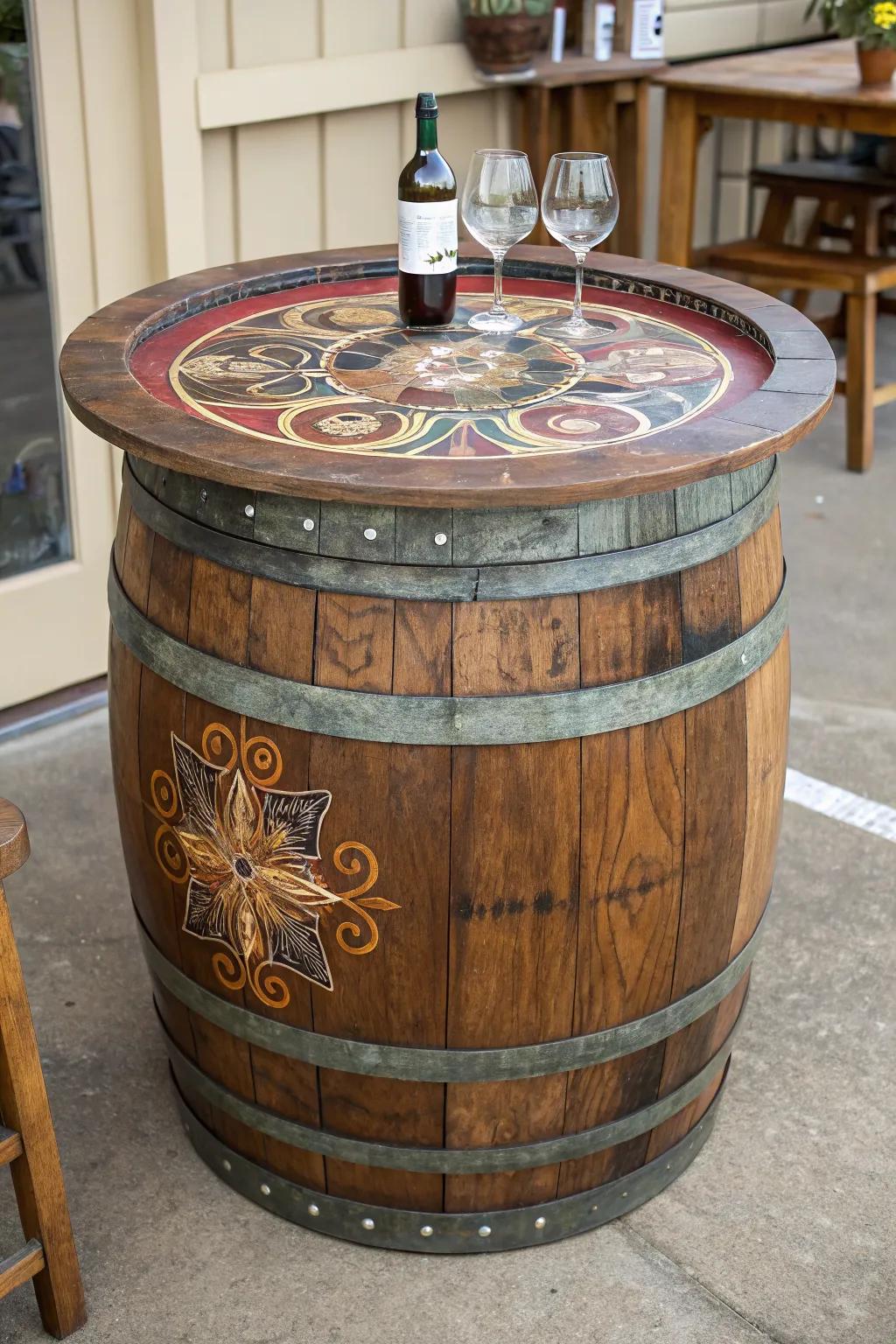 Capture art with a resin-covered wine barrel table.