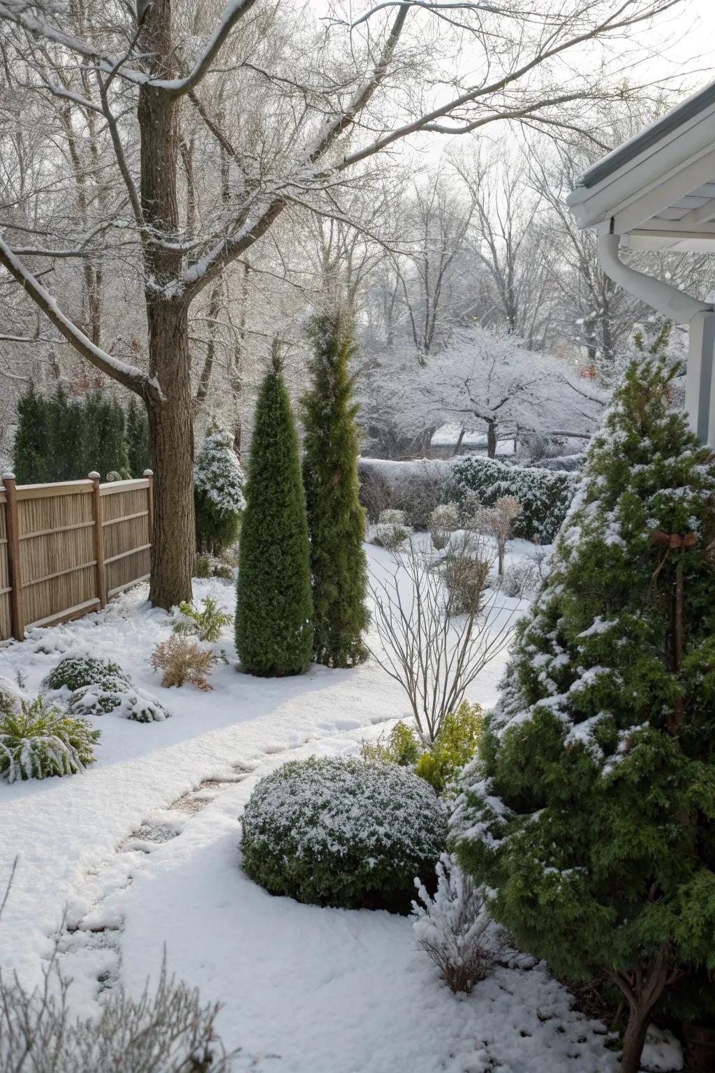 Evergreens add color and life to a winter garden.