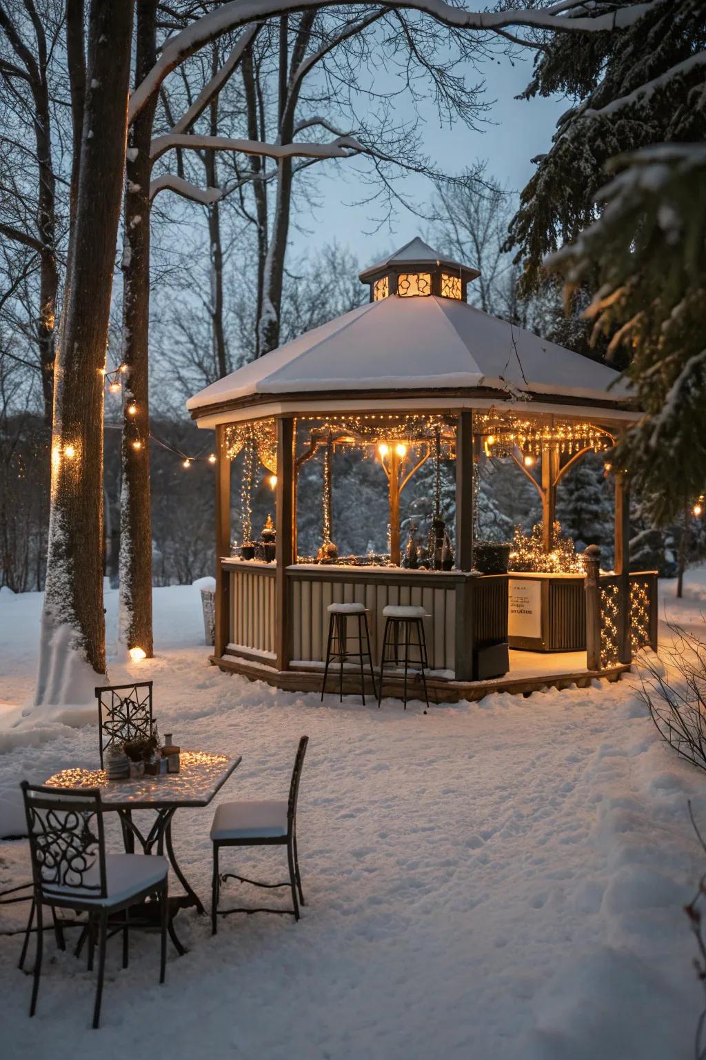 A dining area in your gazebo creates a welcoming space for winter gatherings.