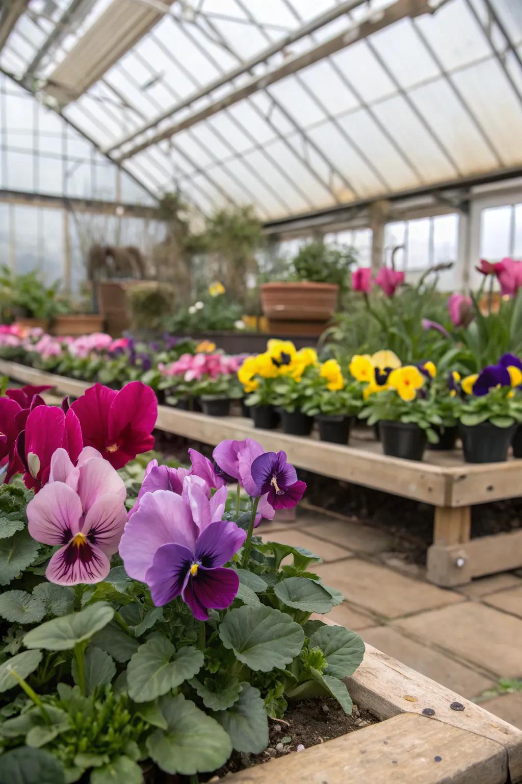 Colorful flowers bringing life to a winter greenhouse.