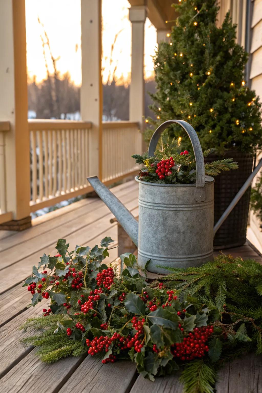 A whimsical watering can planter adds a playful touch.