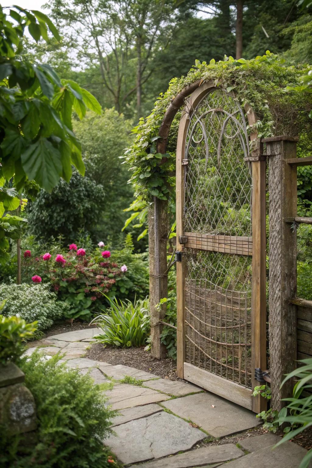 A sustainable gate made from recycled wire mesh enhances this eco-friendly garden.