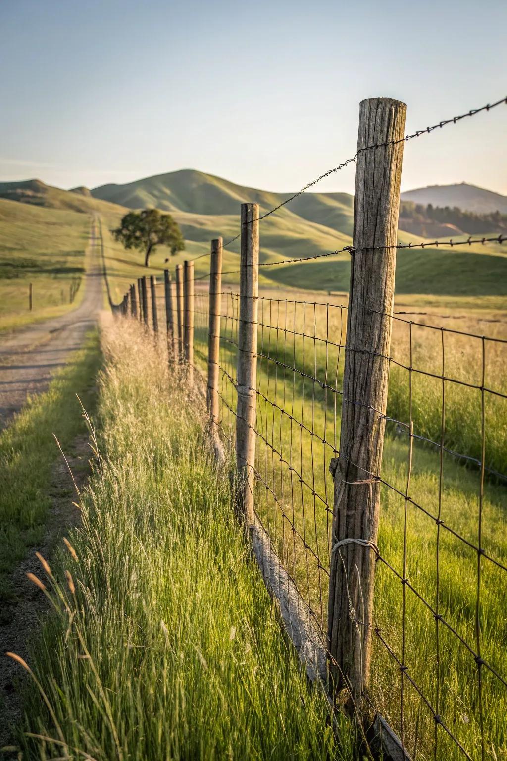 Classic farmhouse-style hog wire fence with wooden posts.
