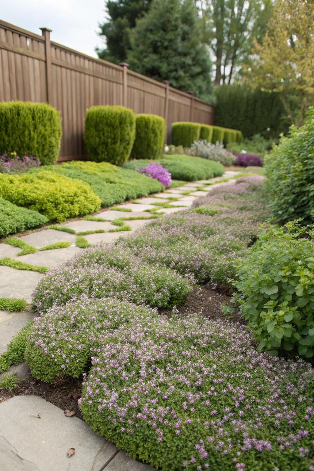Low-maintenance ground covers like Creeping Thyme simplify garden care.