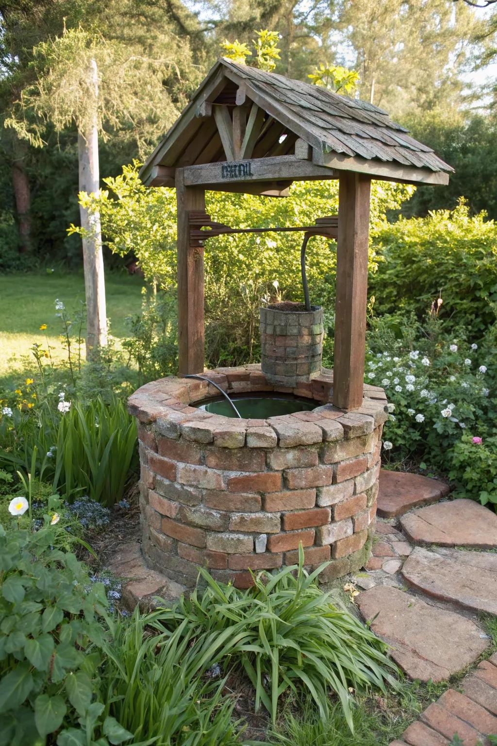 A charming wishing well built from recycled materials, adding rustic flair to the garden.