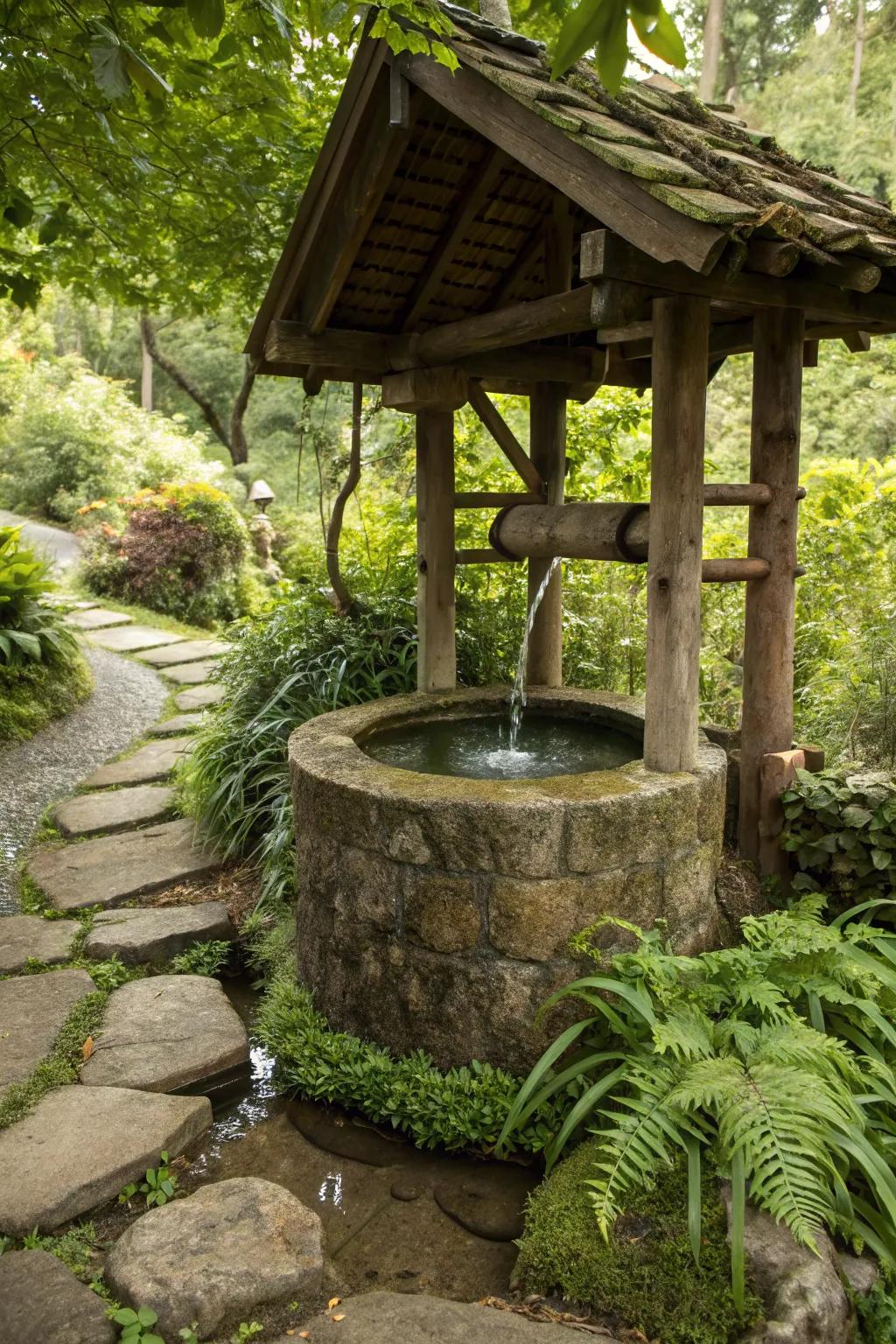 Water features create a calming garden atmosphere.