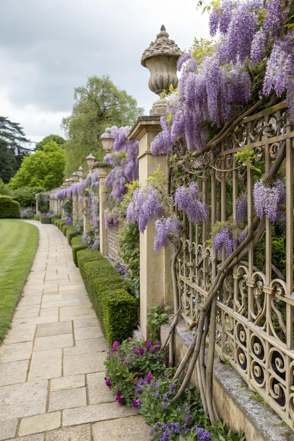 A decorative garden fence beautifully covered with wisteria.