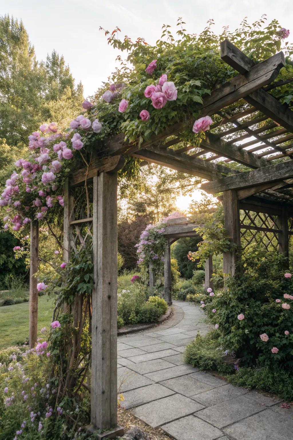 Seasonal wooden arbor displaying different blooms throughout the year.