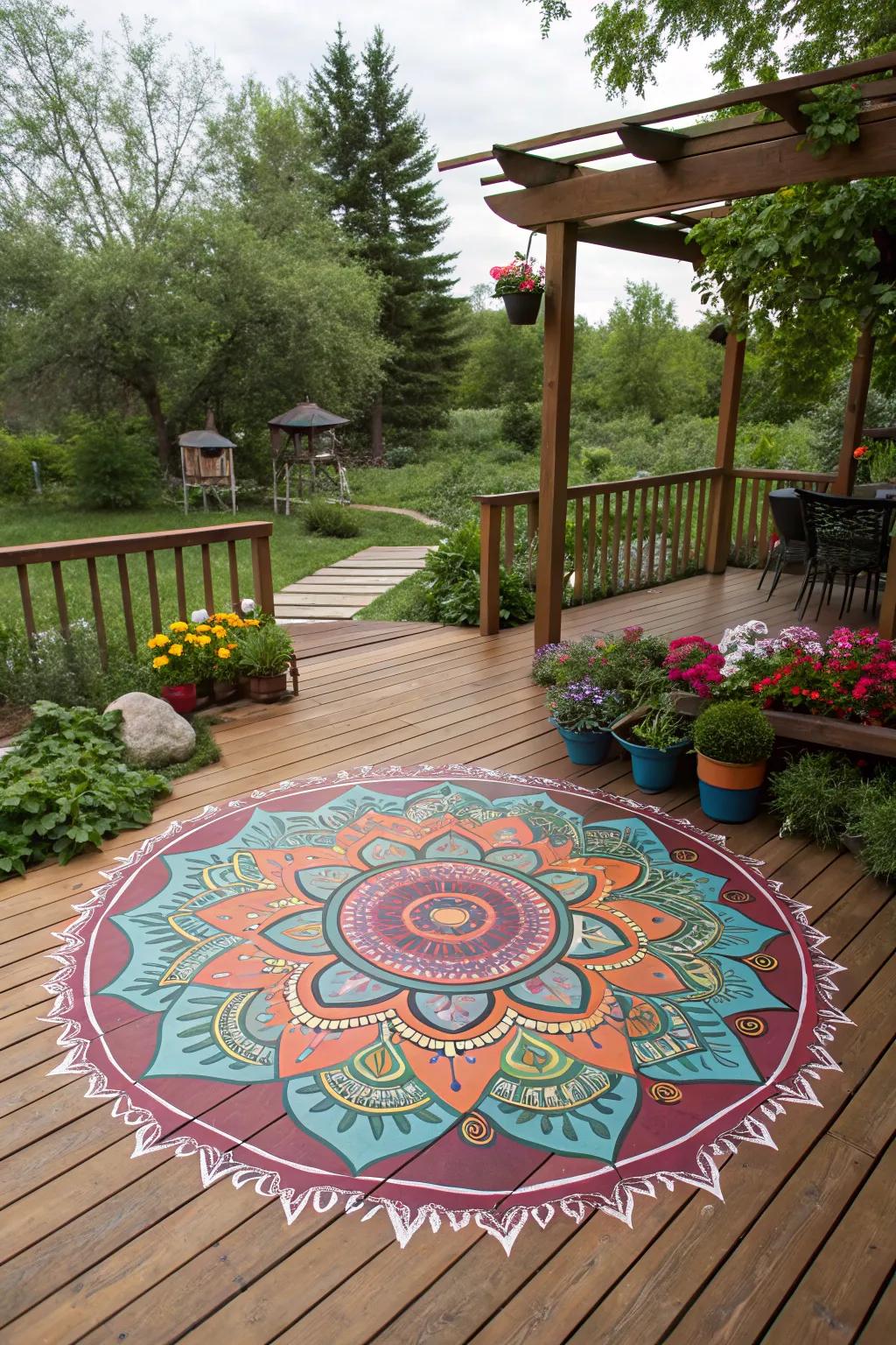 A deck transformed into an artistic masterpiece with a mandala pattern.