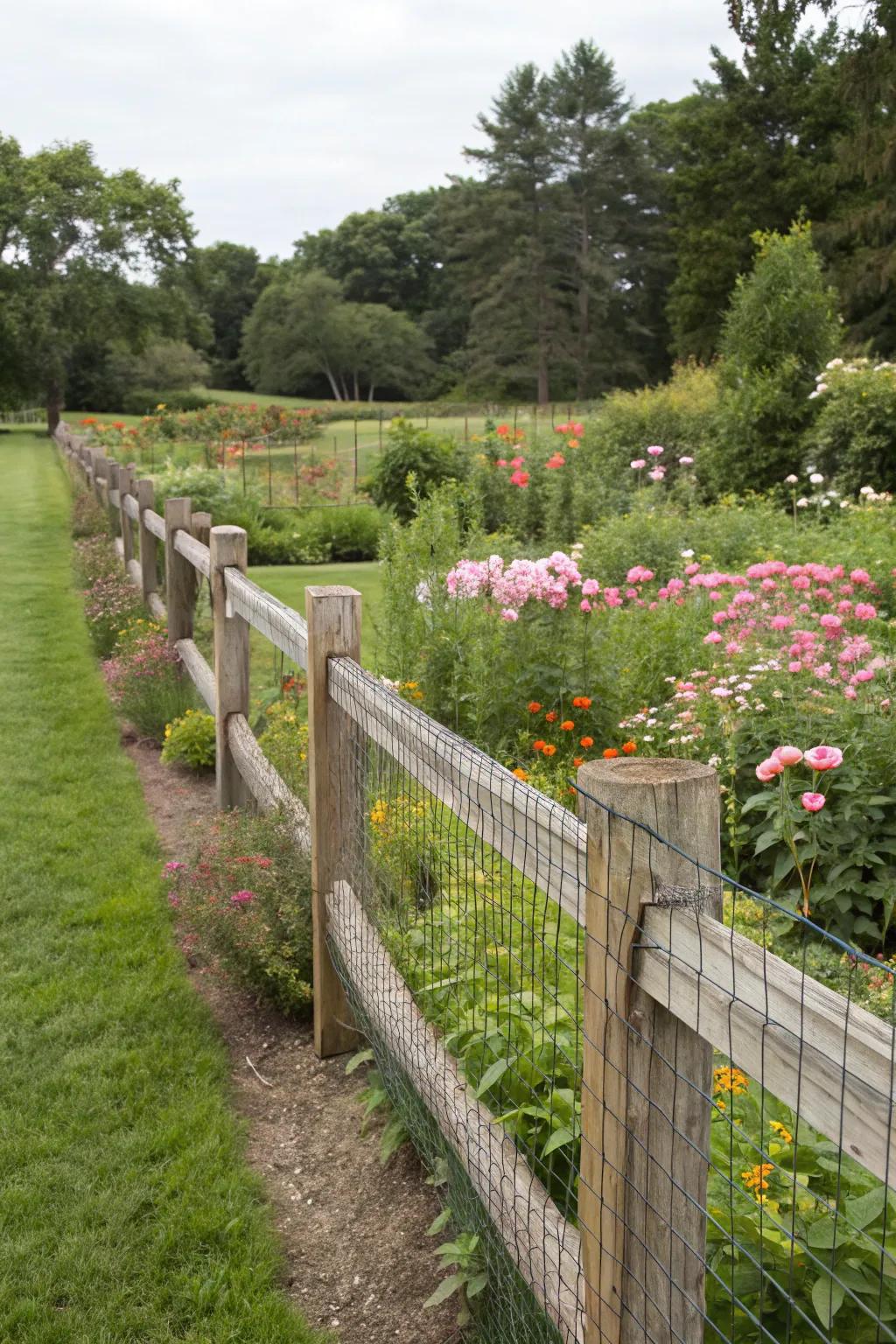 Split rail wood fence with wire mesh offering rustic elegance.