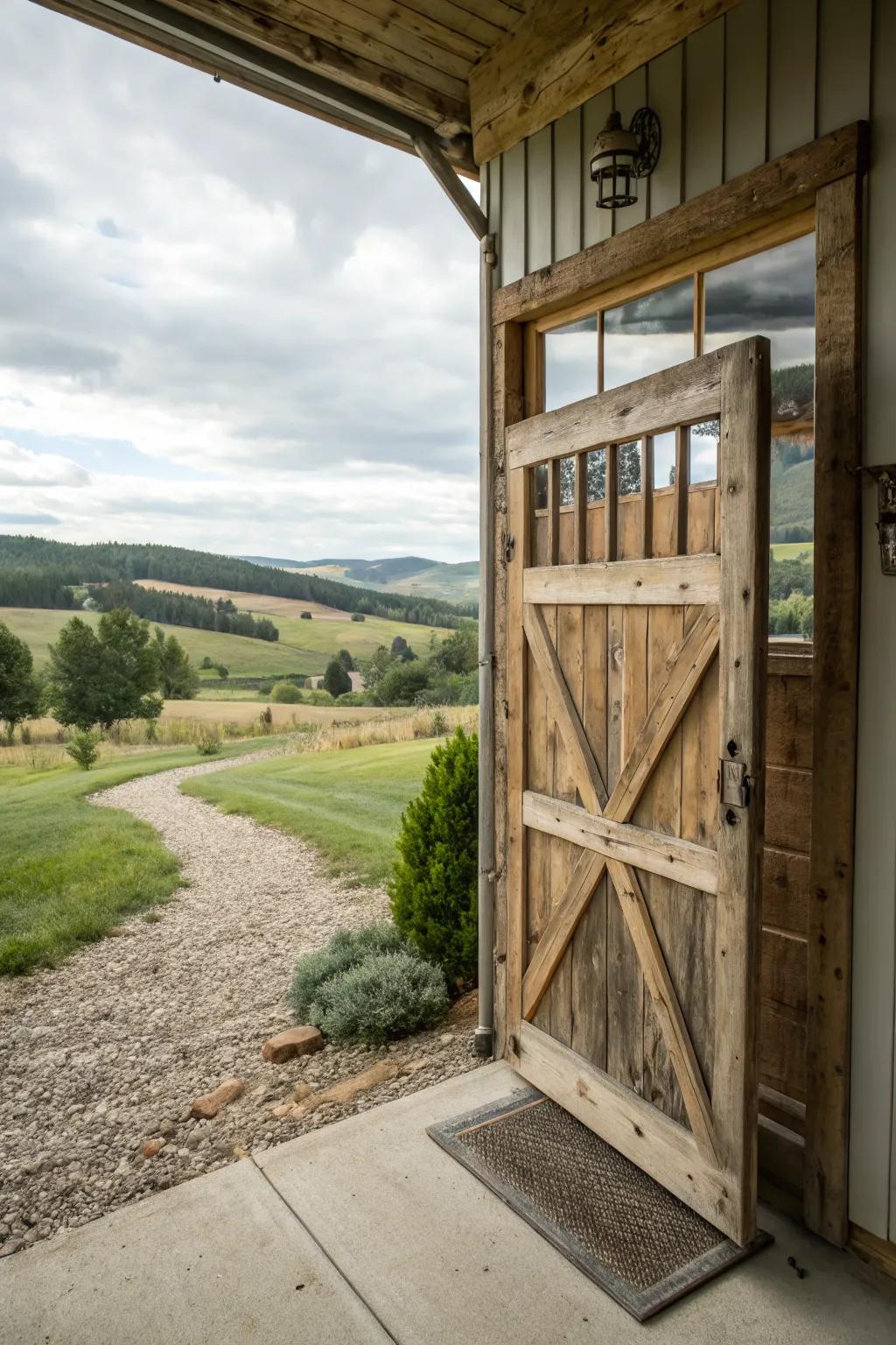 Farmhouse charm with a barn-style cross-brace wooden door.