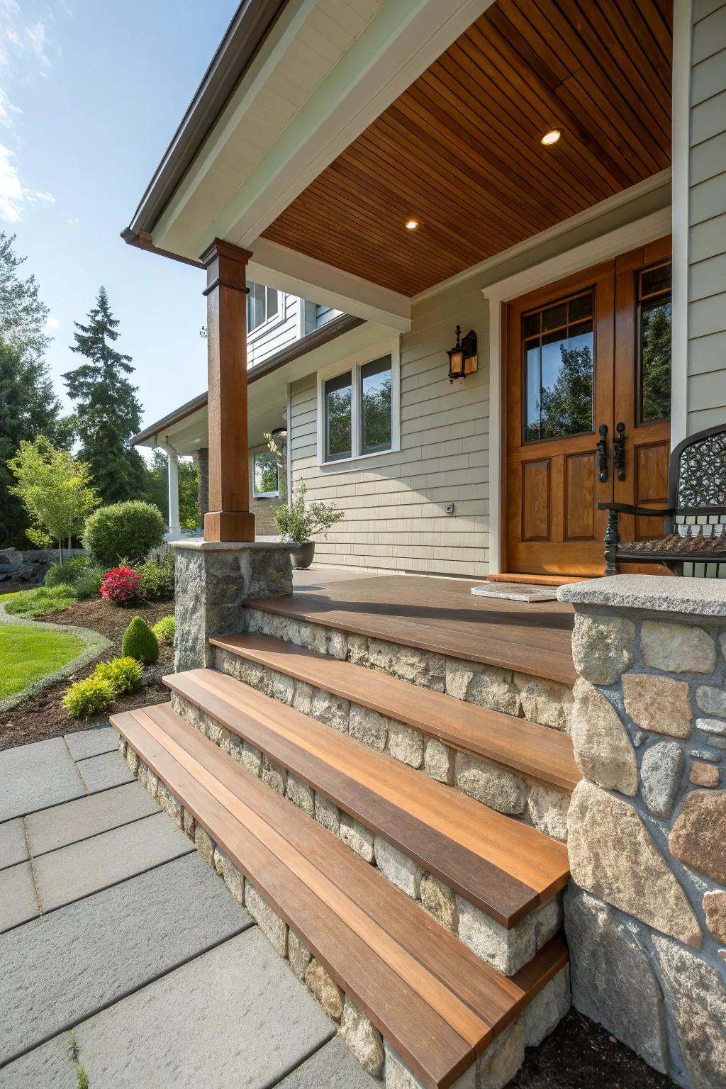 Mixing materials adds depth and intrigue to porch steps.