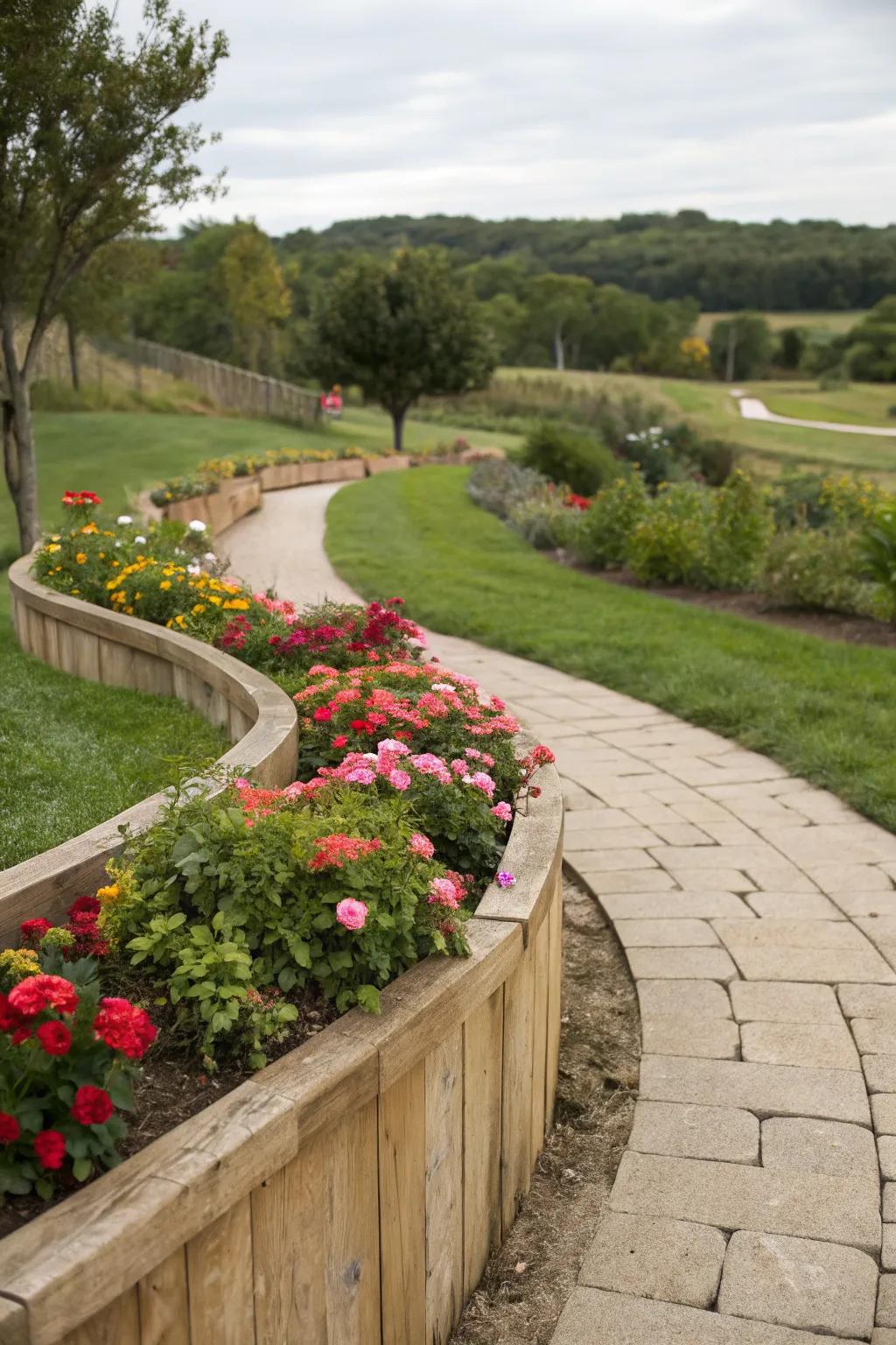 Curved wooden edging enhances the natural flow of garden beds.