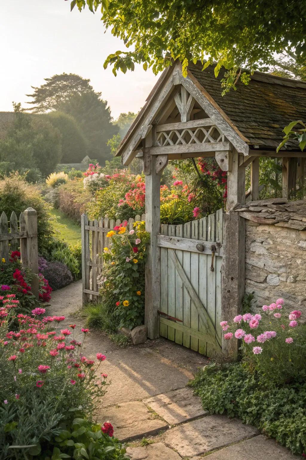 A charming cottage-style wooden gate, adding whimsy to any garden.