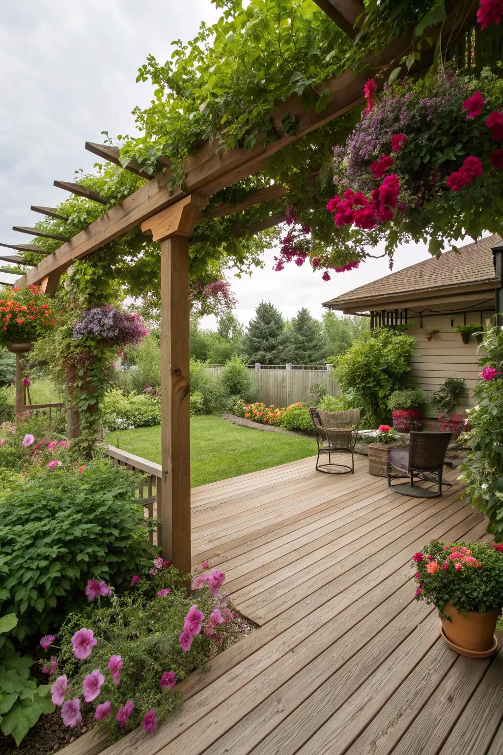 A wooden patio deck beautifully integrated with nature.
