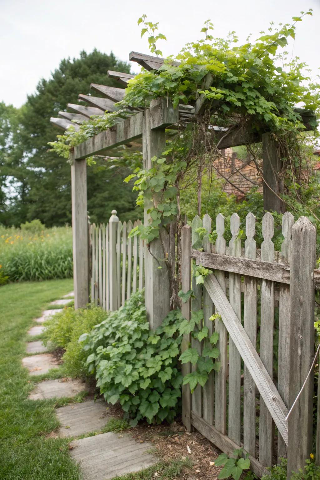 A trellis top picket fence serves as a vibrant plant support.