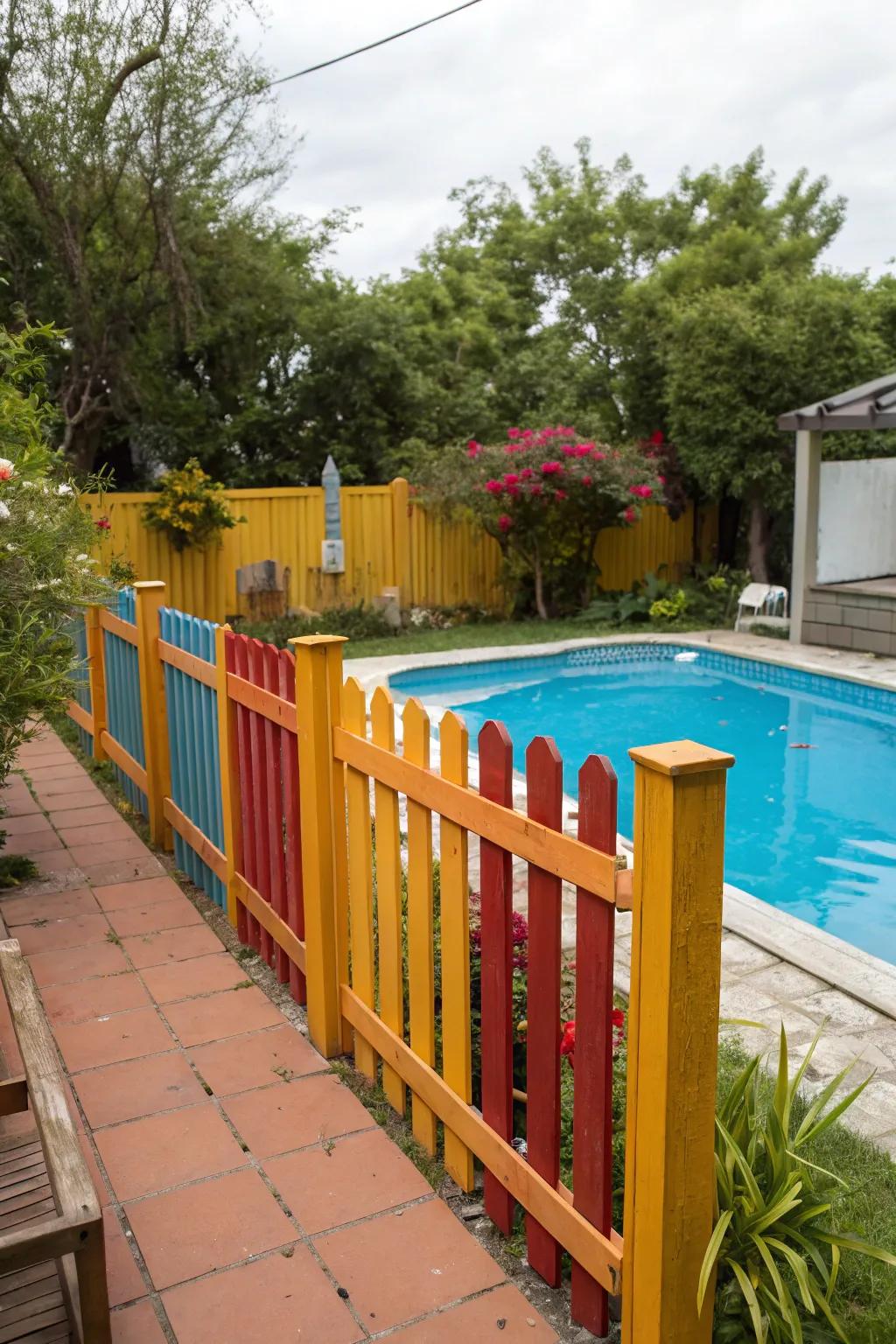 A painted fence adds a pop of color to your pool area.