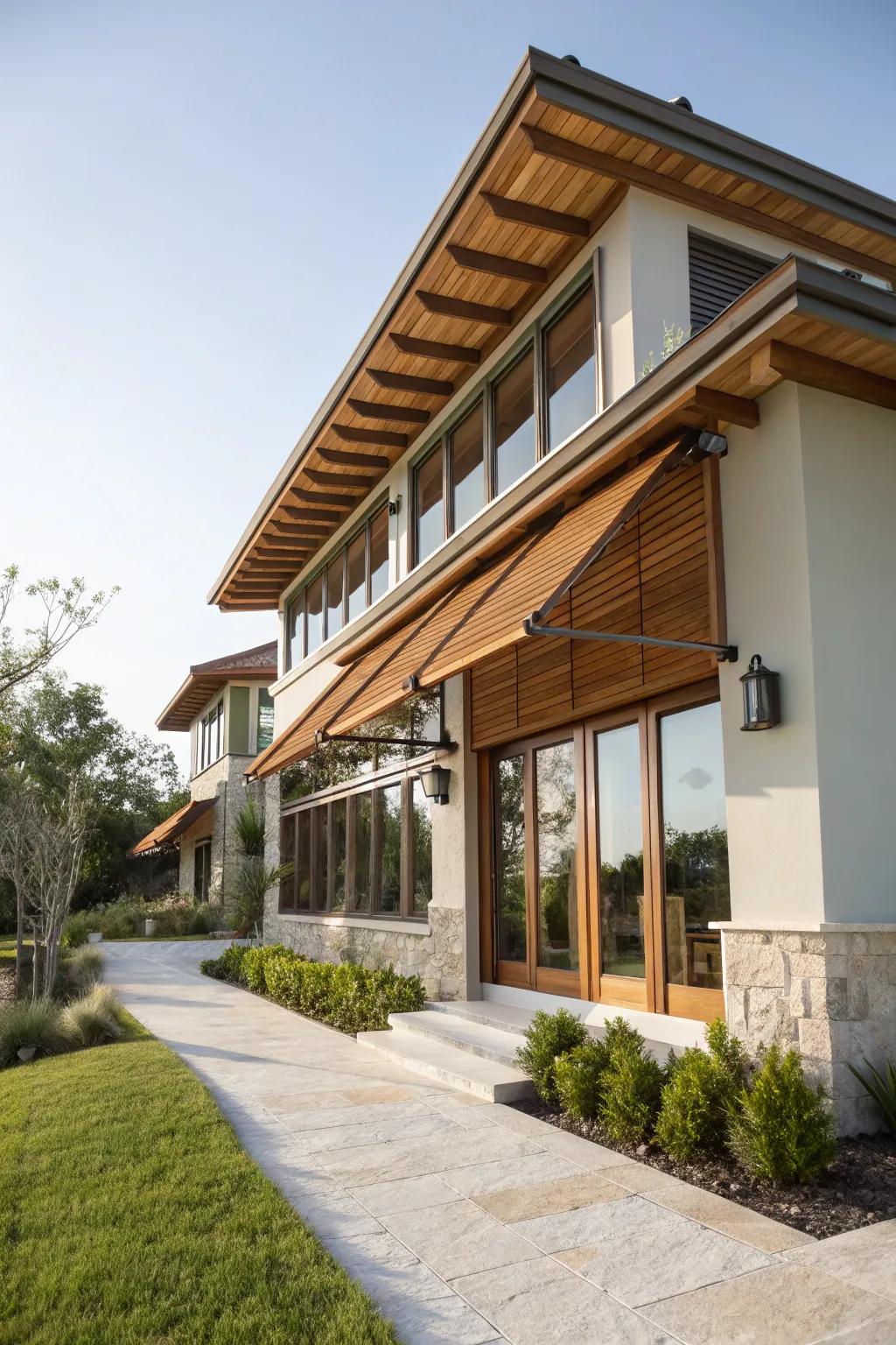 Seamlessly integrated awnings enhance architectural beauty while offering protection.