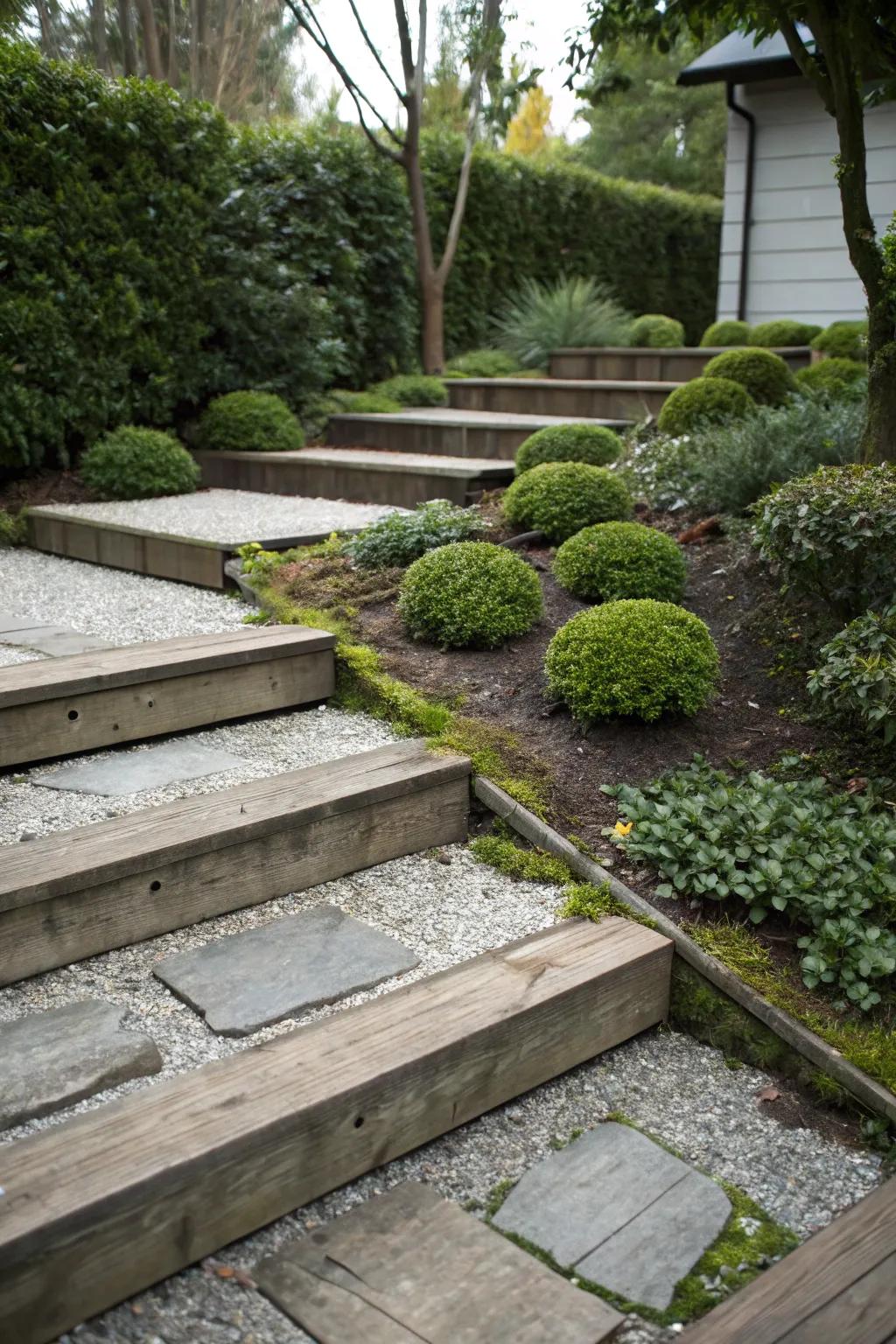 Zen-inspired garden steps combining wood and gravel.