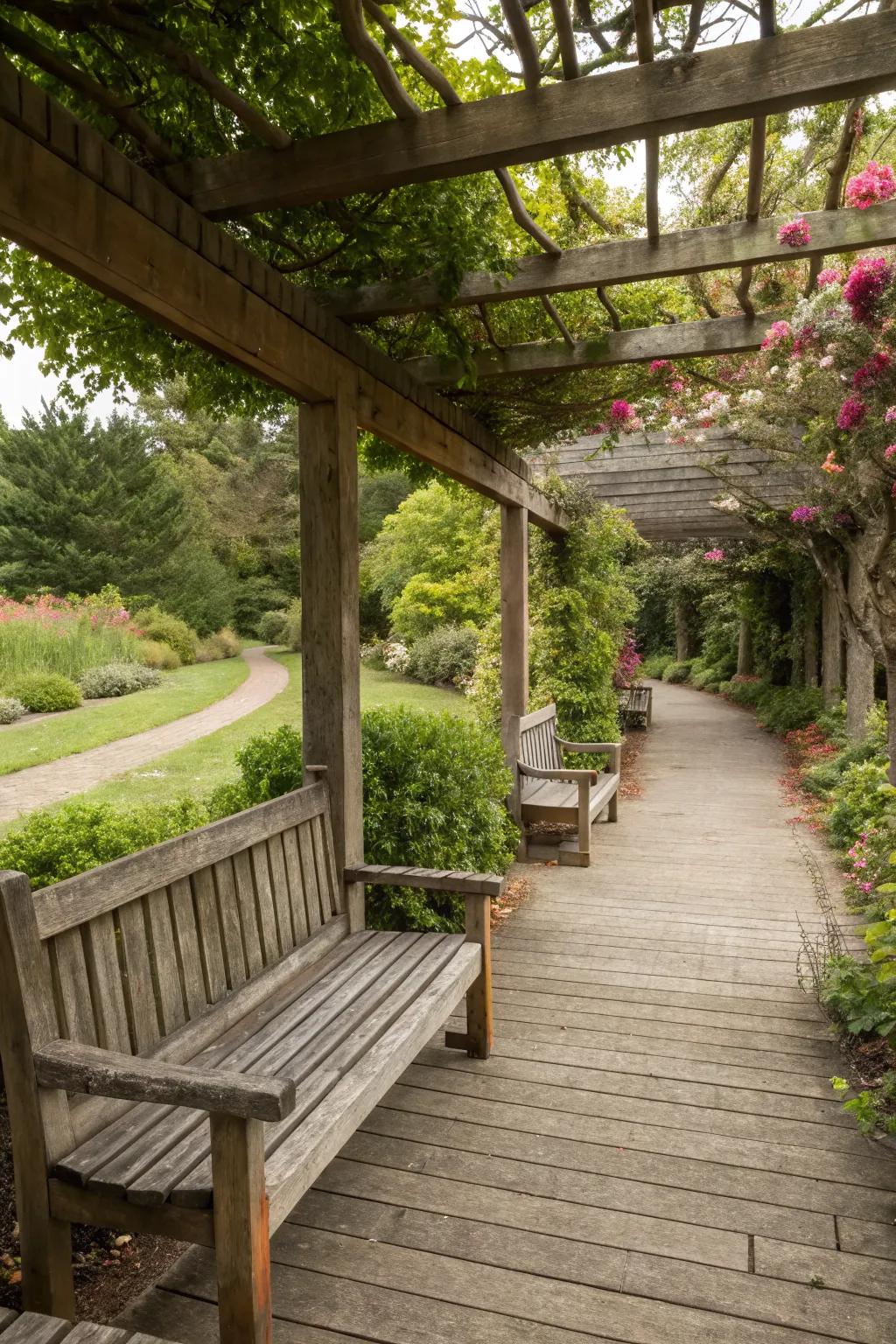 Built-in seating enhances style and function on a patio.