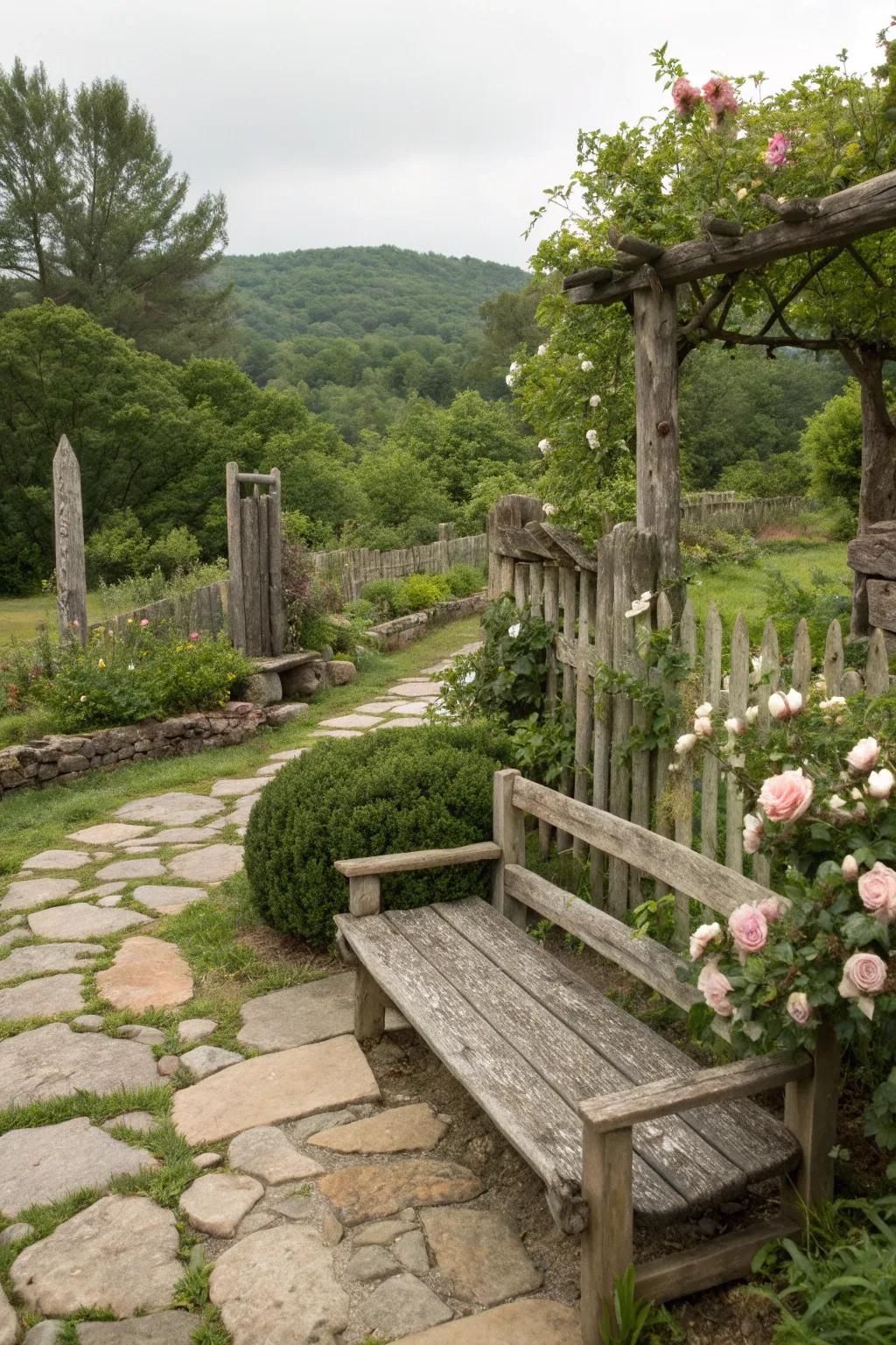 Rustic elements like wood and stone blend harmoniously into the garden.