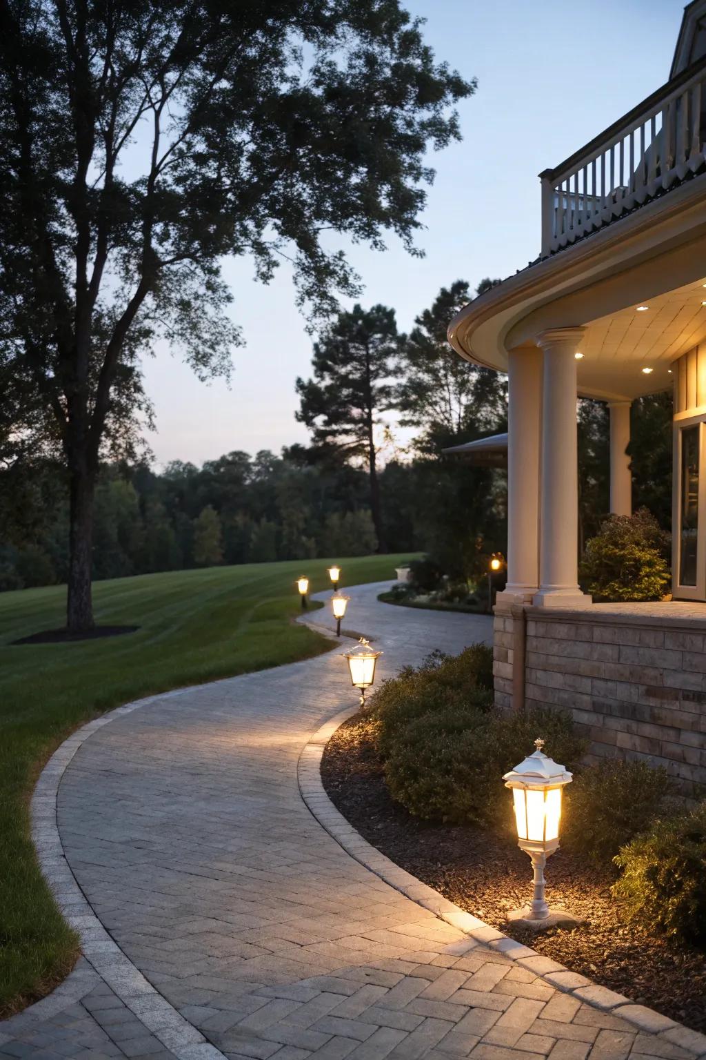 Wrap around driveway enhanced by soft, low-level lighting.