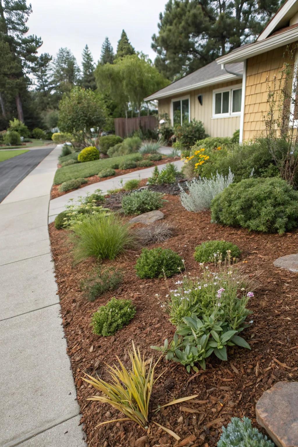 Mulch used effectively for moisture retention in a xeriscape yard.
