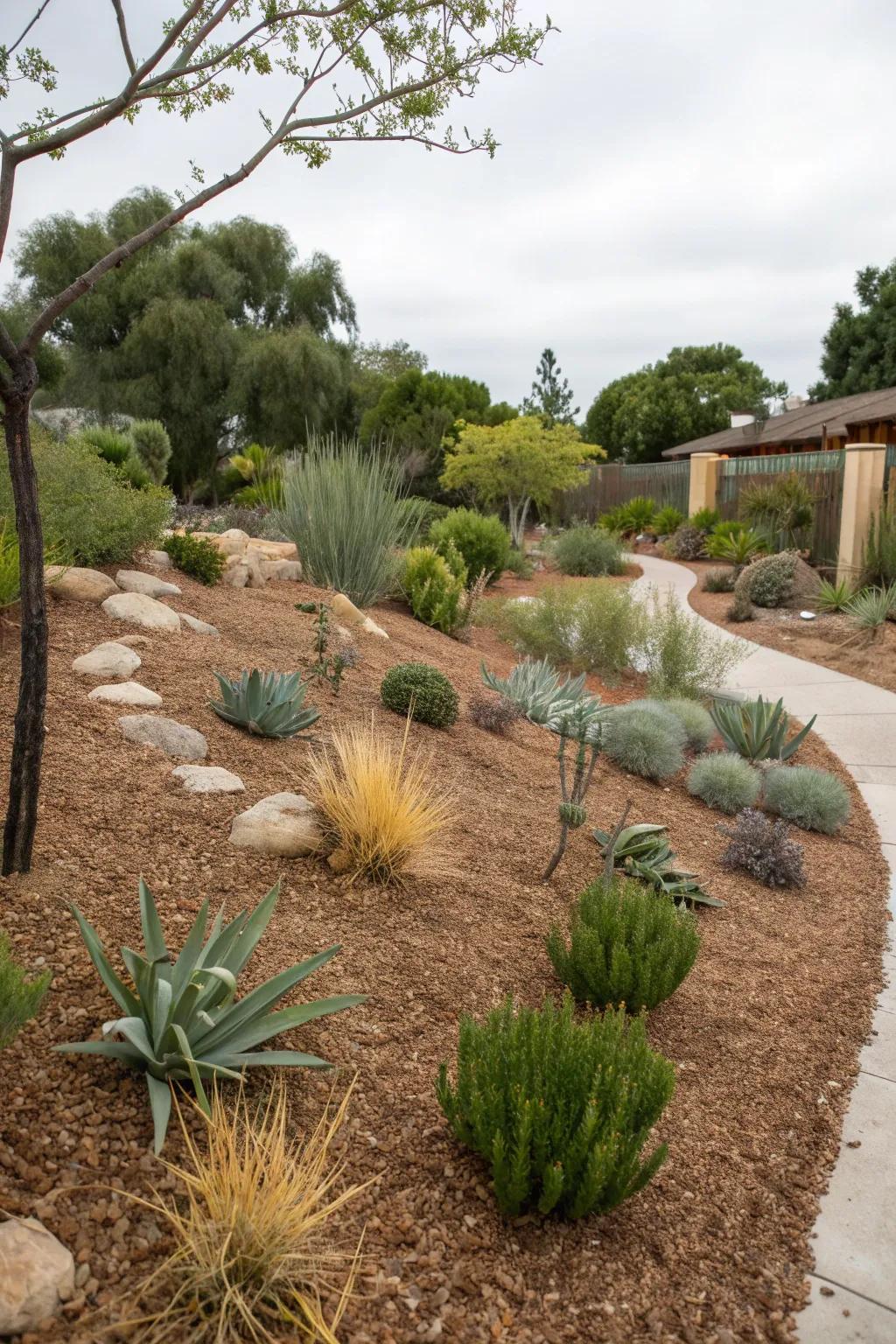 Mulch helps conserve water in this xeriscape garden.