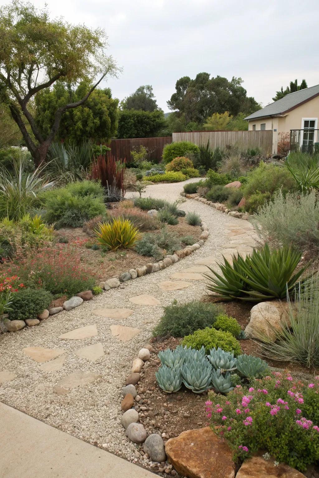 A xeriscape garden with reduced lawn area.