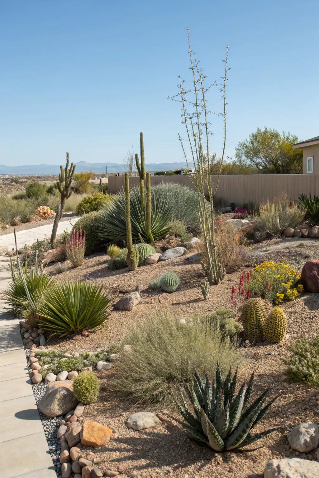 A low-maintenance xeriscape garden in New Mexico featuring hardy plants.