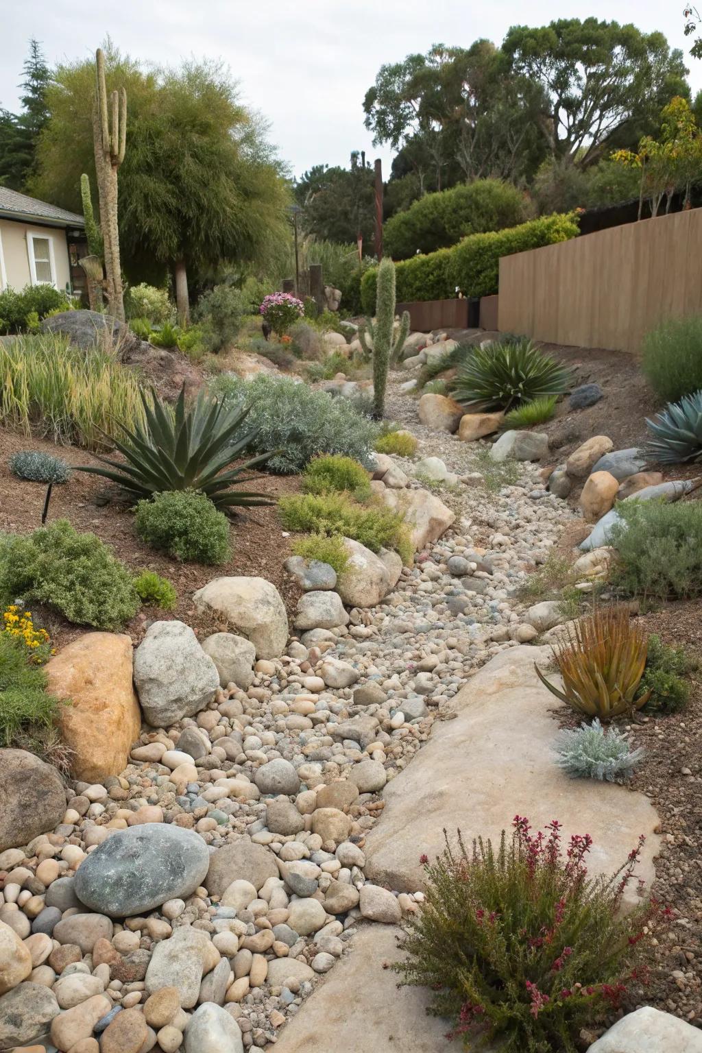 Dry creek beds enhance both drainage and design in xeriscaping.