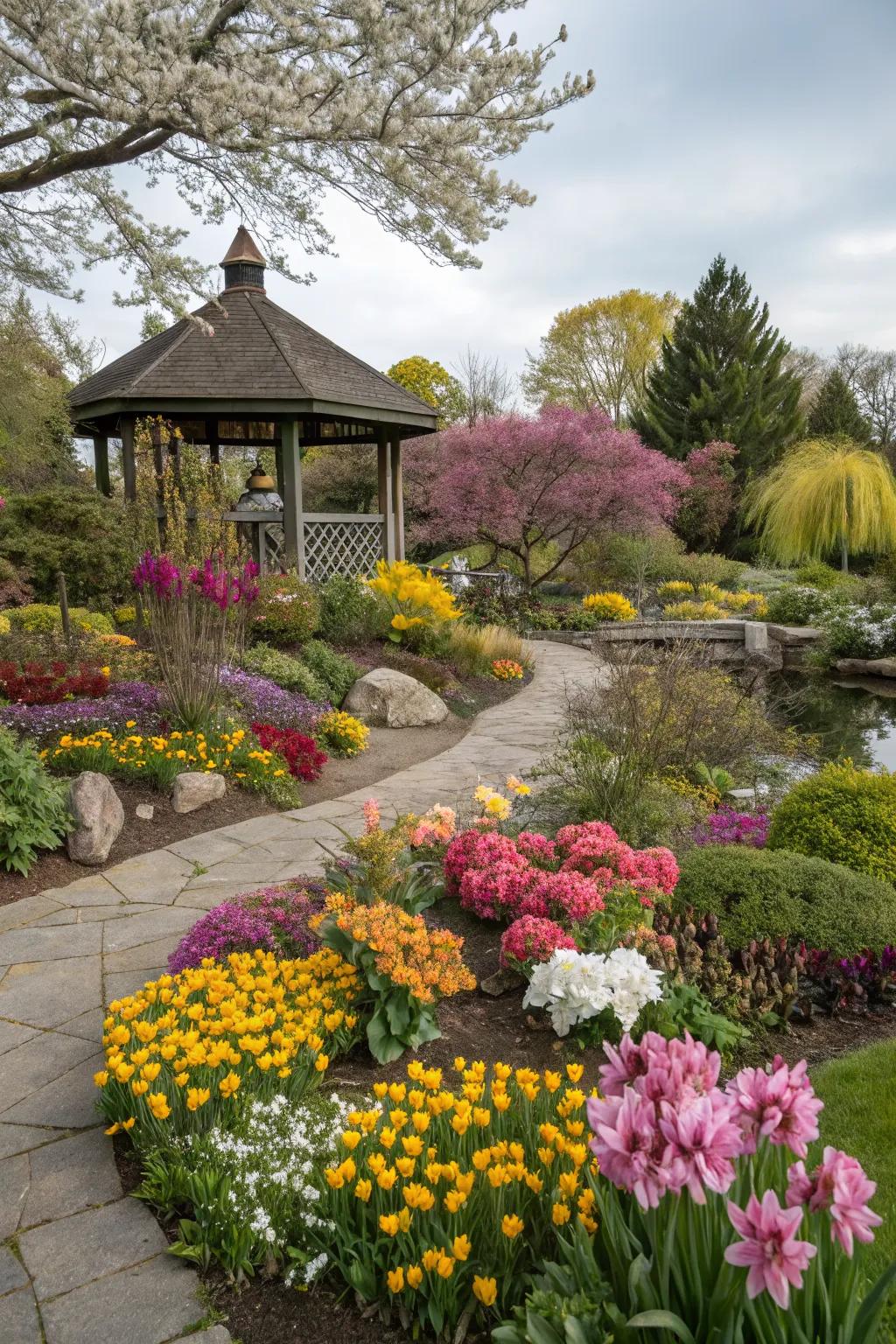 A garden island showcasing continuous blooms through seasonal color rotations.