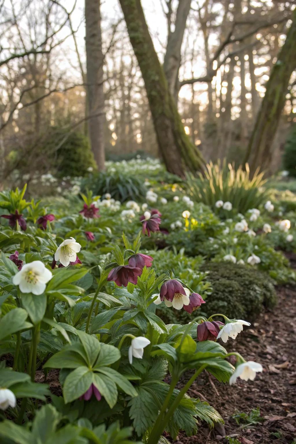 Lenten roses provide early spring color in shaded gardens.