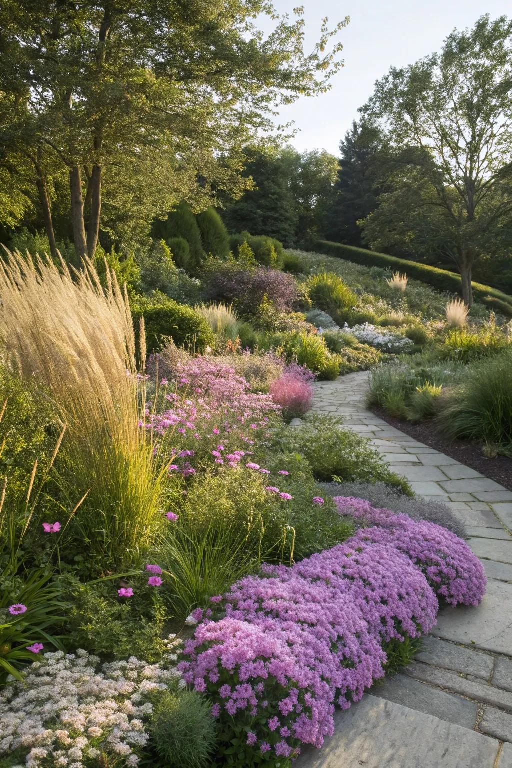 Layered plants creating depth and interest in a zone 7 garden.