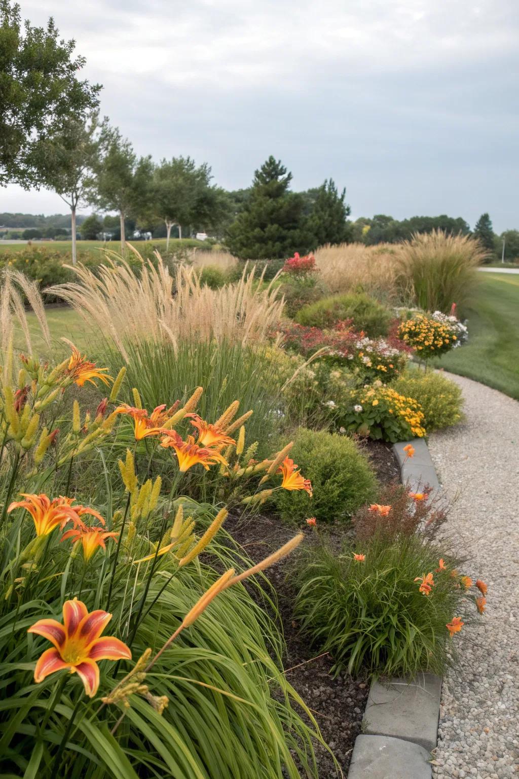 A low-maintenance garden featuring daylilies and ornamental grasses in zone 8b.