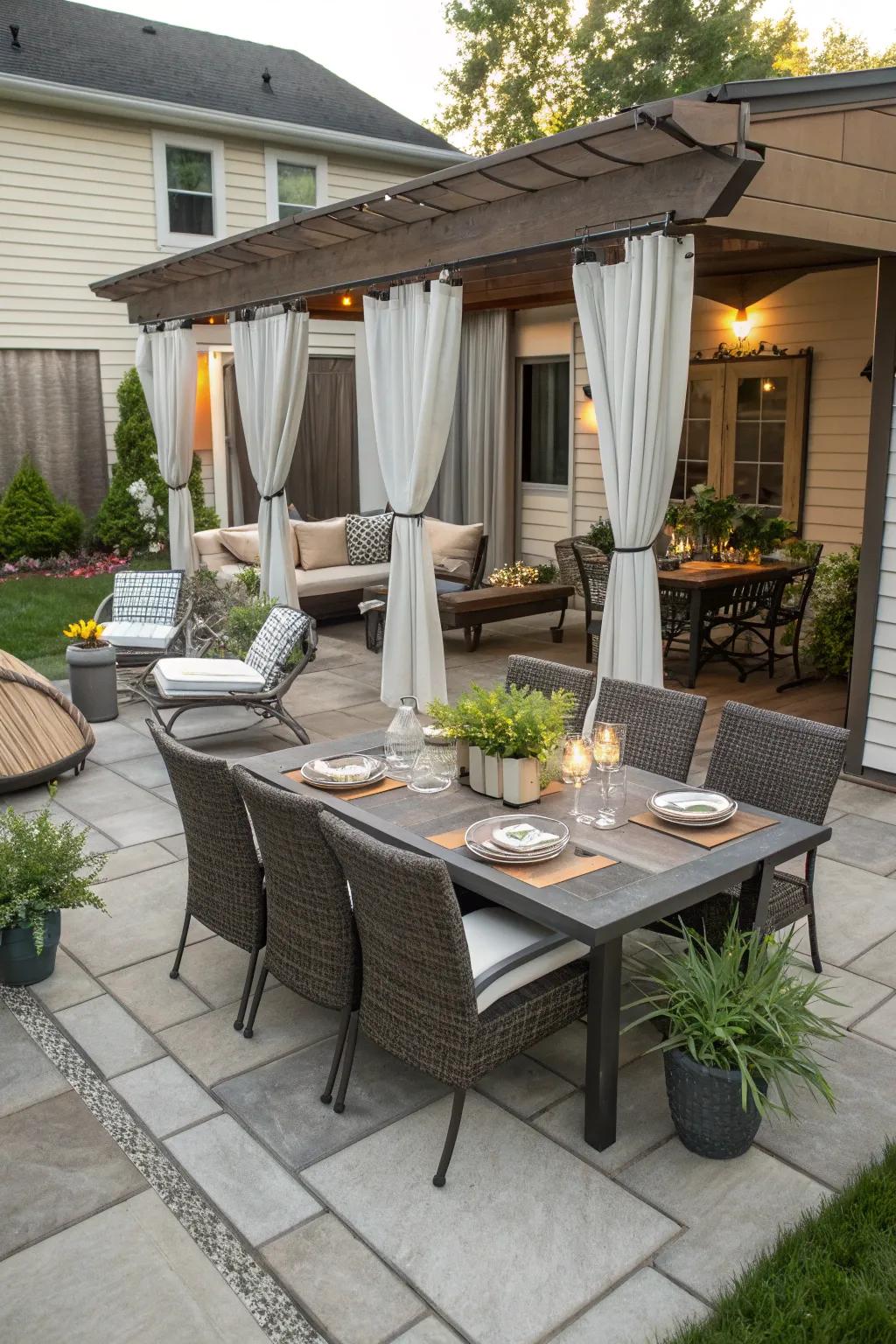 Create a versatile patio space for both dining and relaxation.