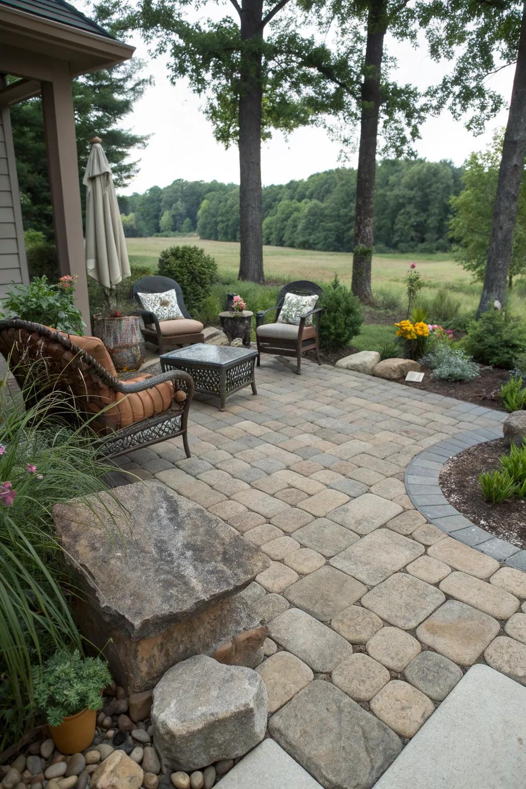 Rustic charm with tumbled stone pavers.