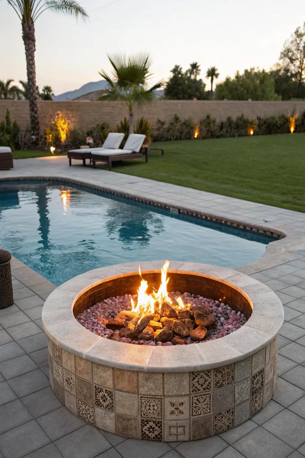 A cozy poolside fire pit next to a 16x32 inground pool.