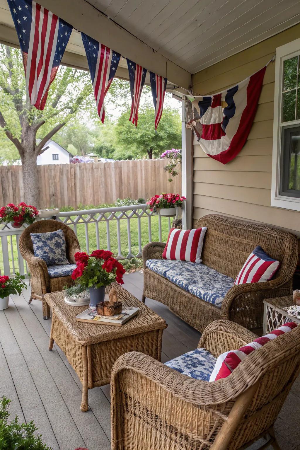 Rustic wicker furniture adds texture and charm.