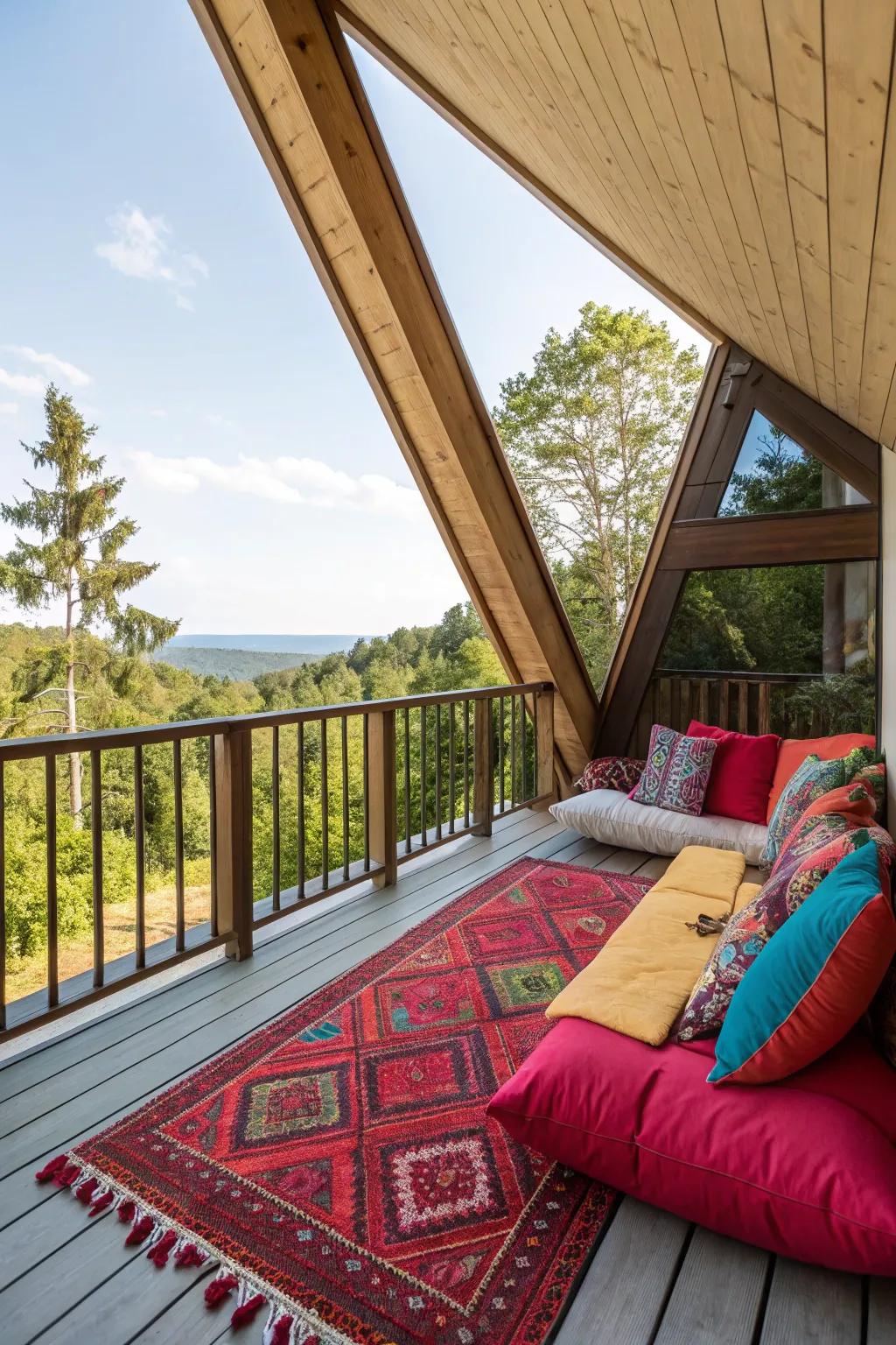 Bold accents bring life to an A-frame balcony.