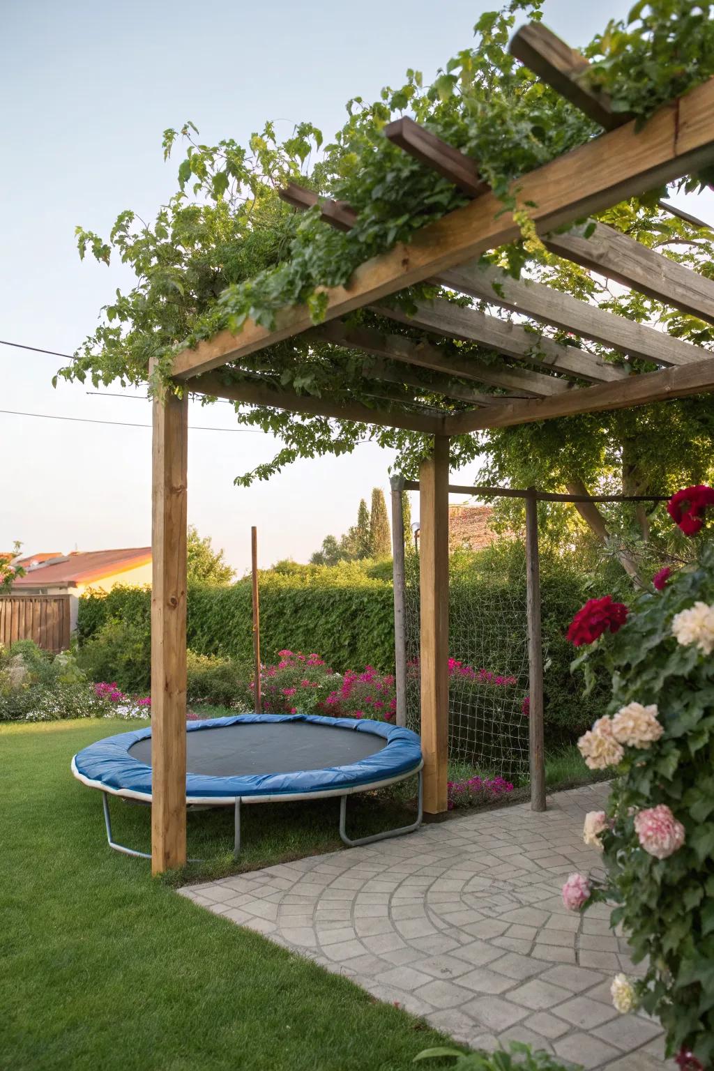 A pergola offers shade and architectural beauty to your trampoline.