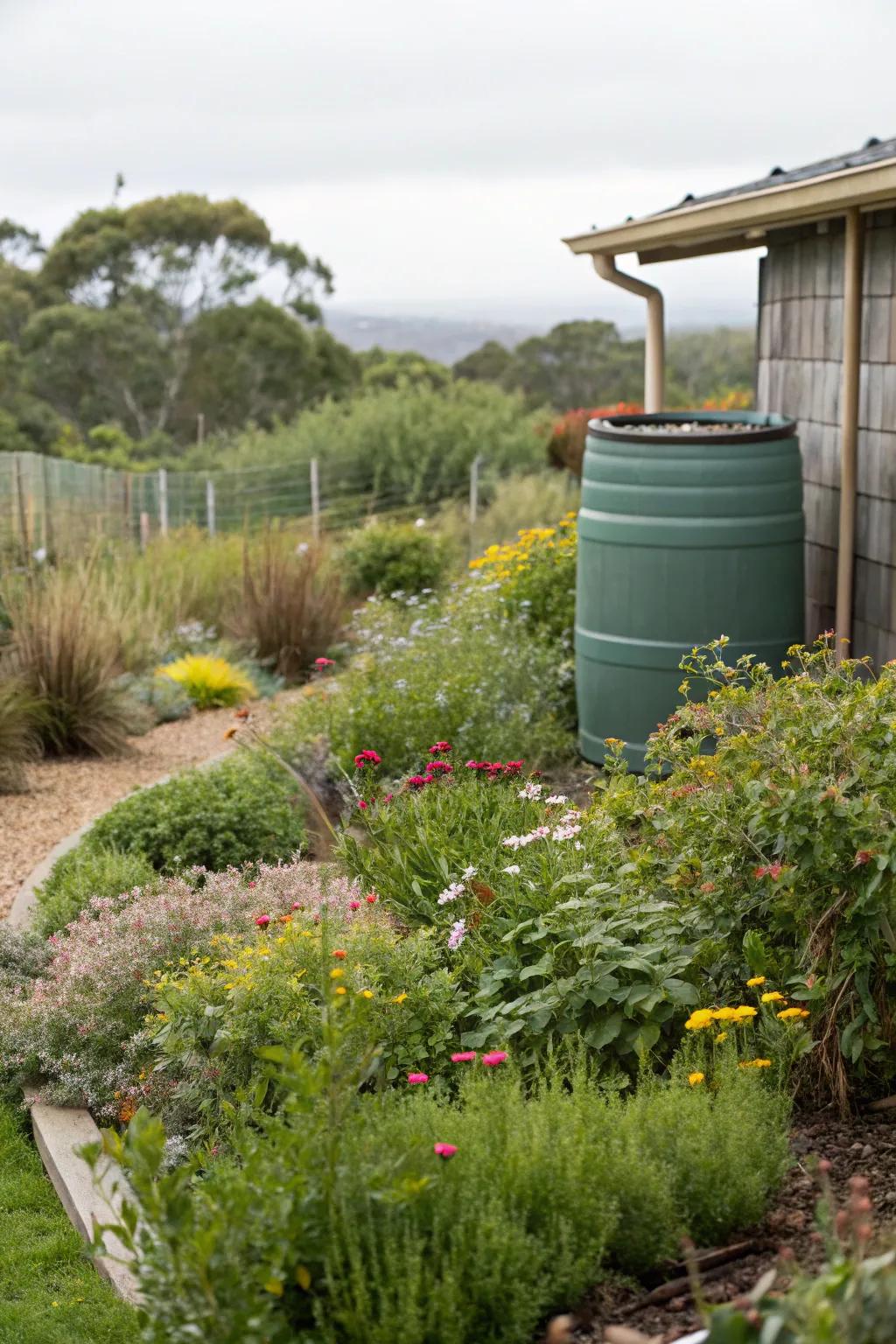 A sustainable garden featuring native plants and a rainwater collection system.
