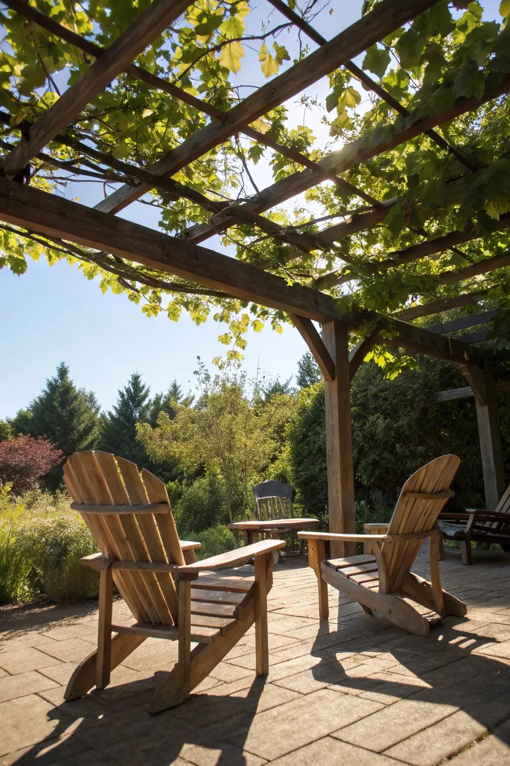 Find comfort and shade with Adirondack chairs under a pergola.