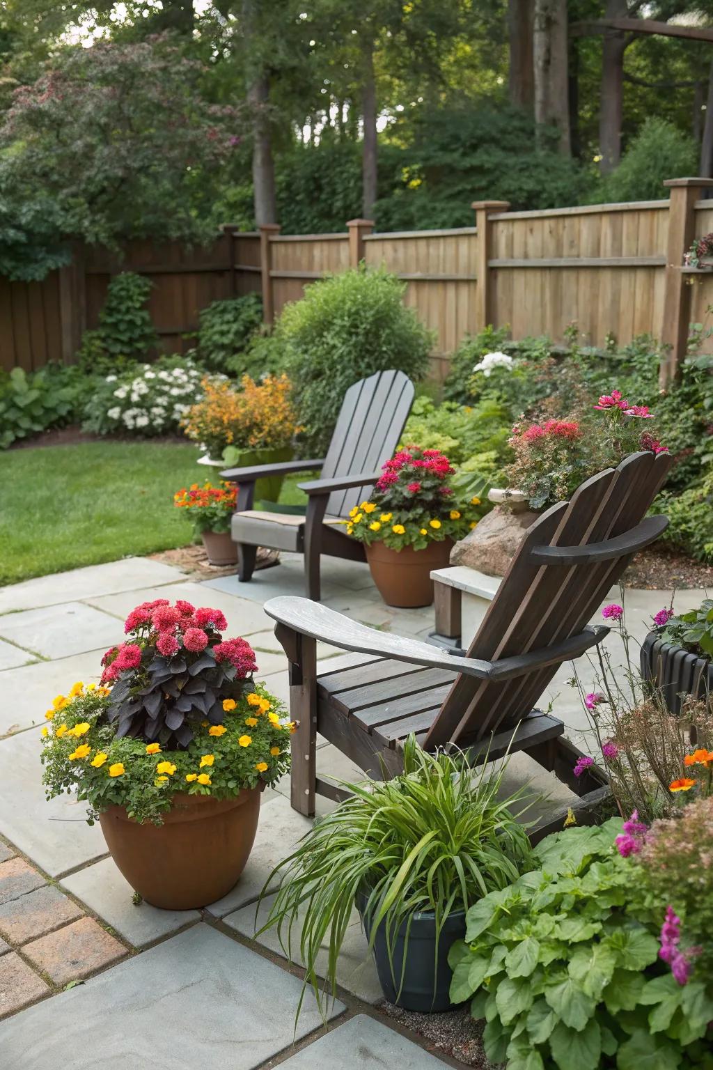 Potted plants create a vibrant oasis around Adirondack chairs.