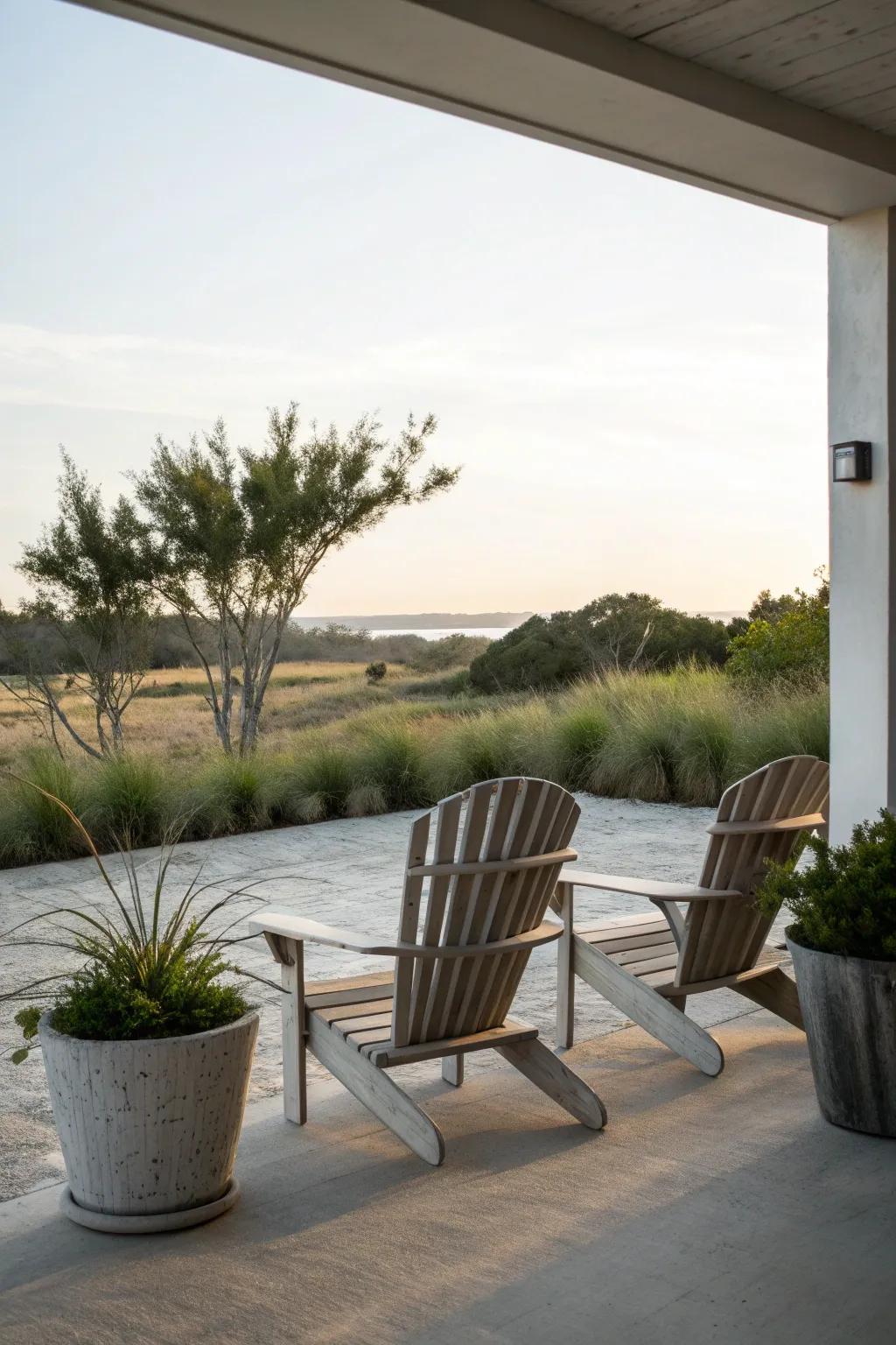 Adirondack chairs in a minimalist setting offer a zen-like experience.