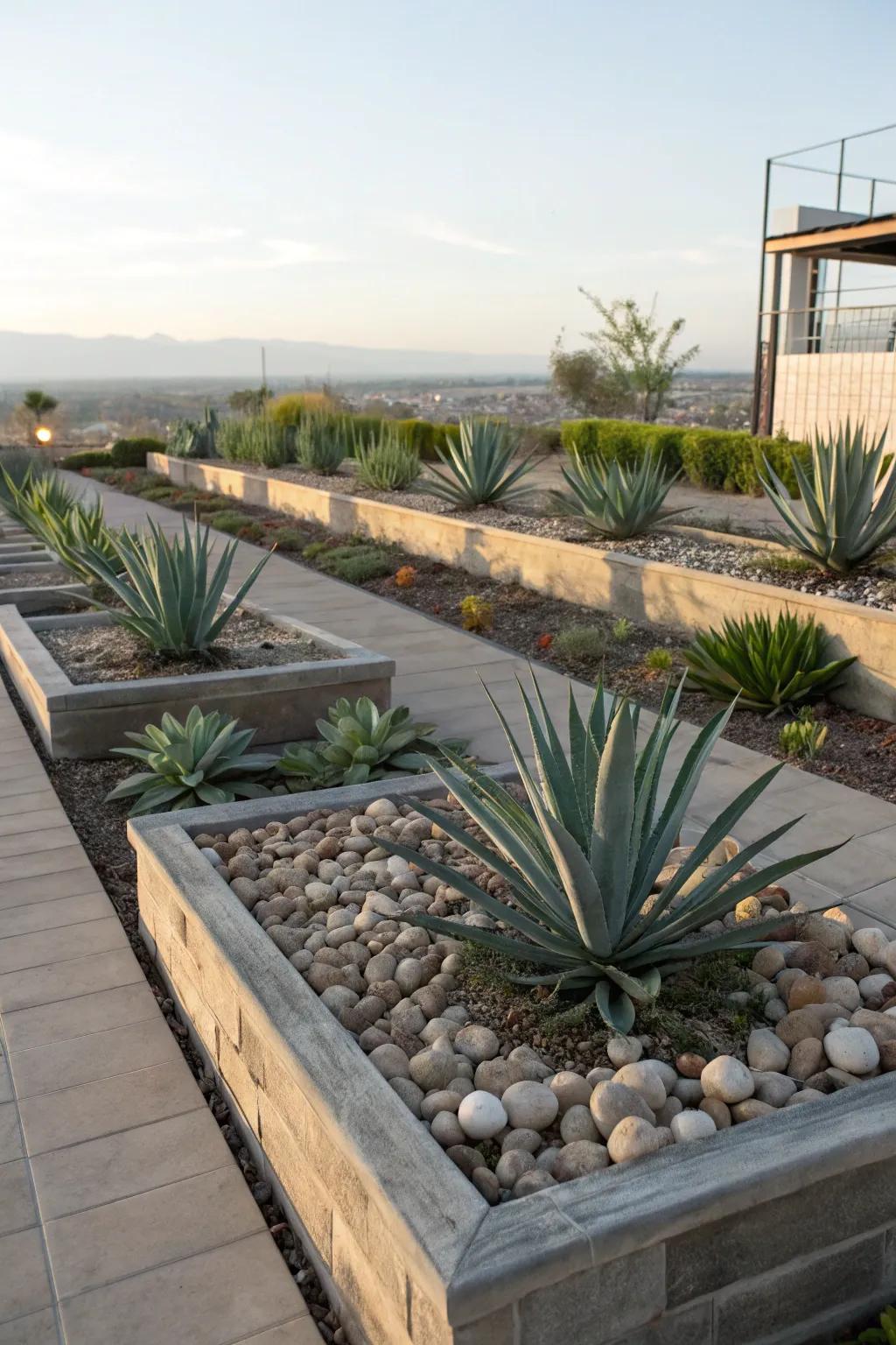 Raised beds showcasing agave plants.