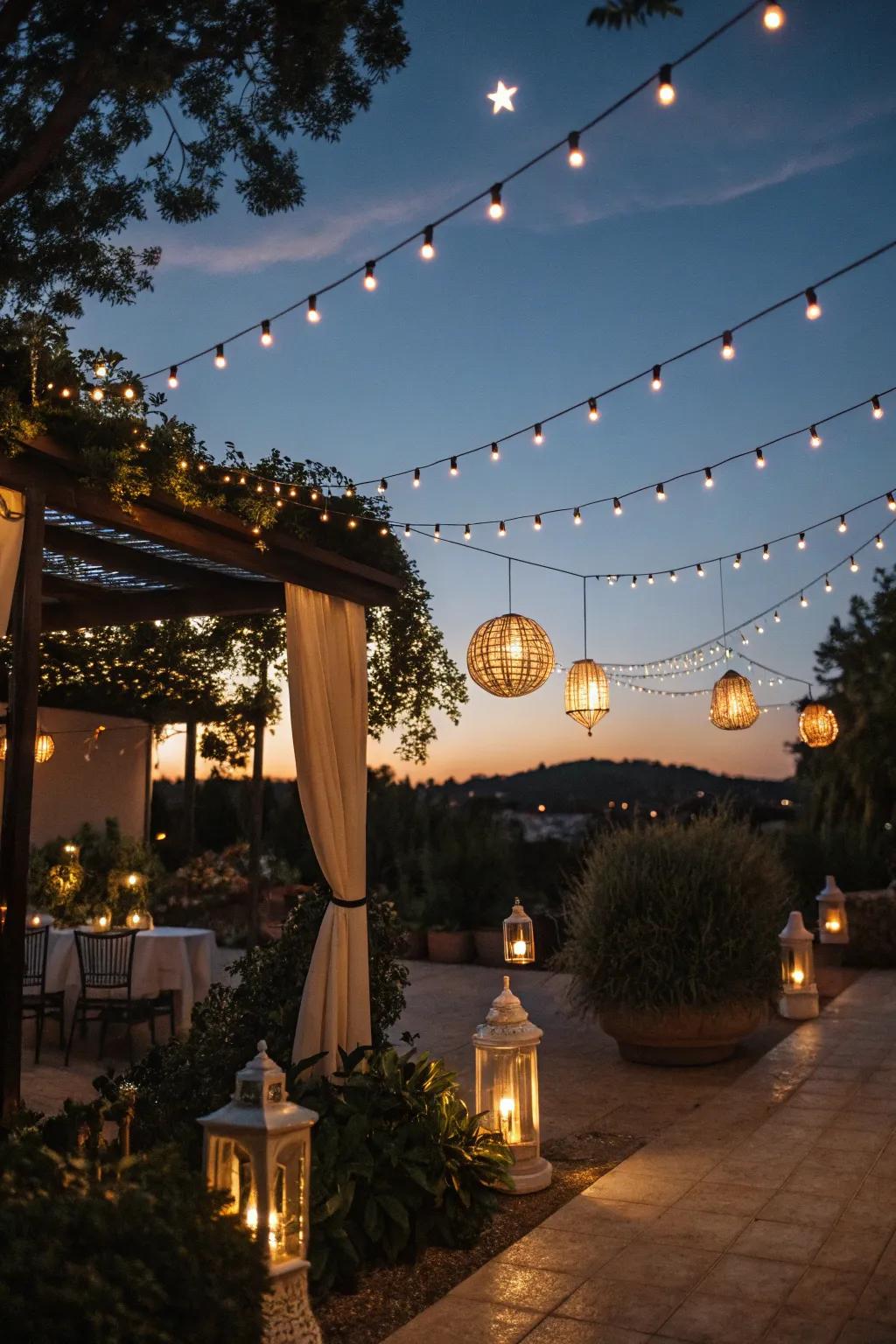 A magical alfresco setting with enchanting lighting.