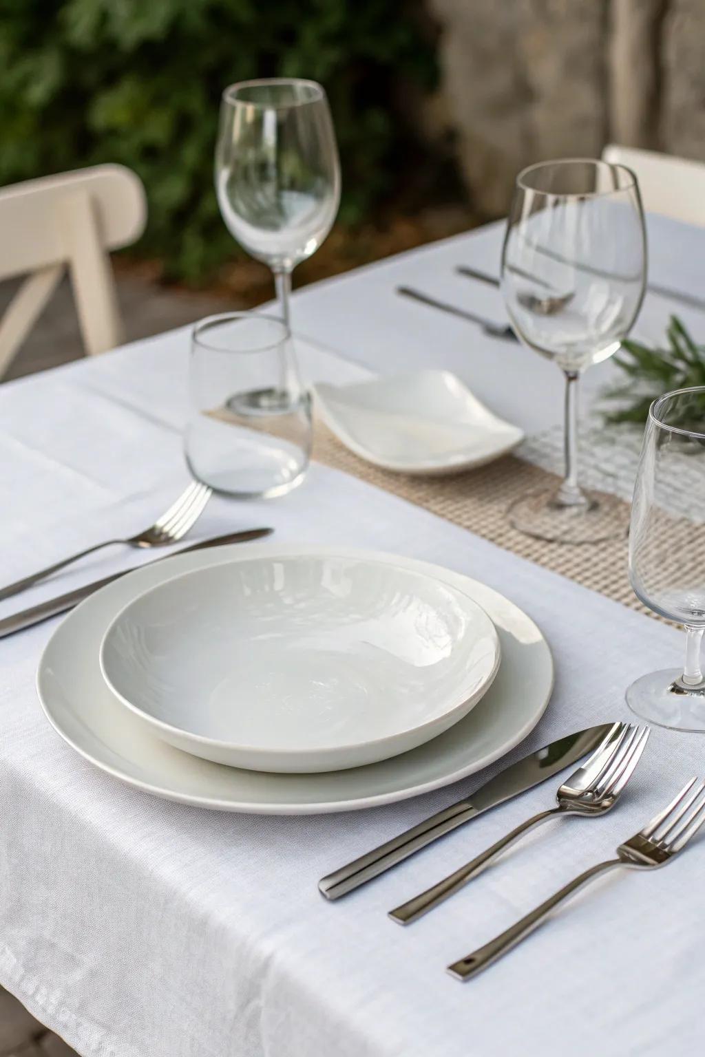 Keep the setting clean and elegant with minimalist white tableware.