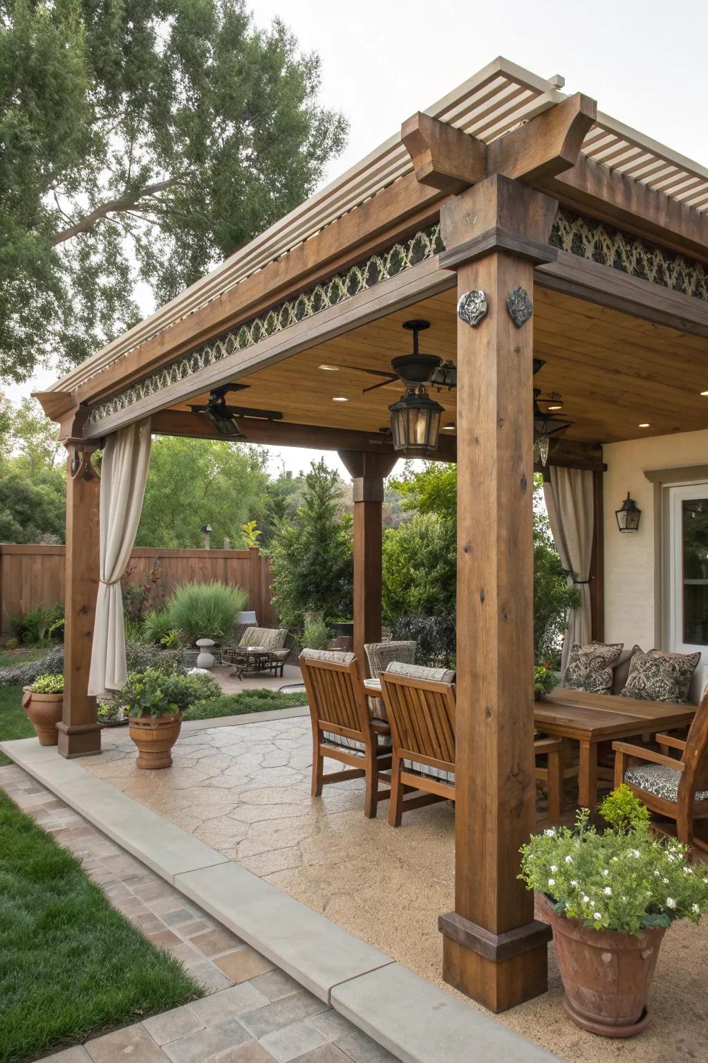 Warm up your patio with natural wood accents and decor.