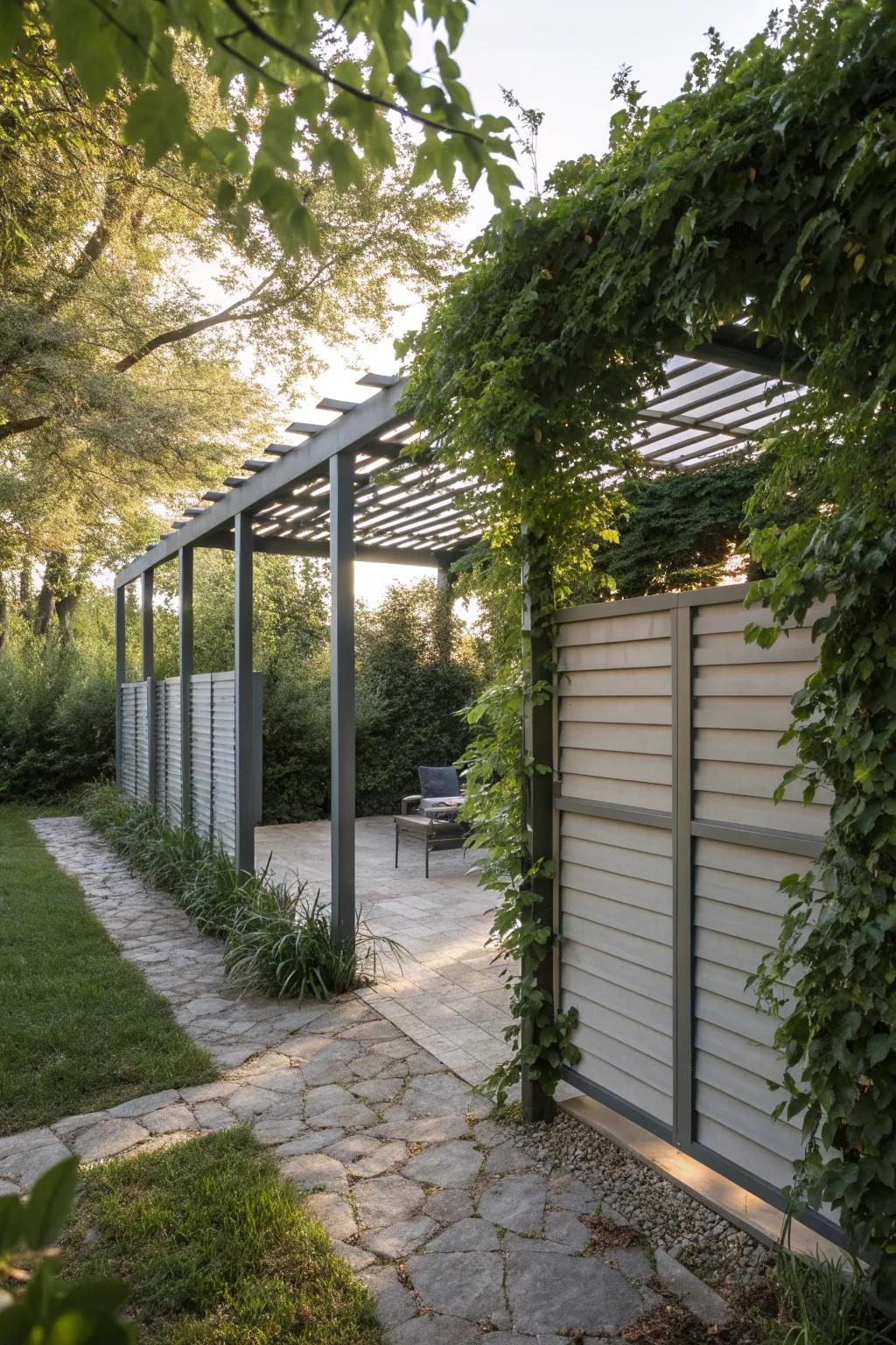 An aluminum pergola with privacy panels for a private retreat.